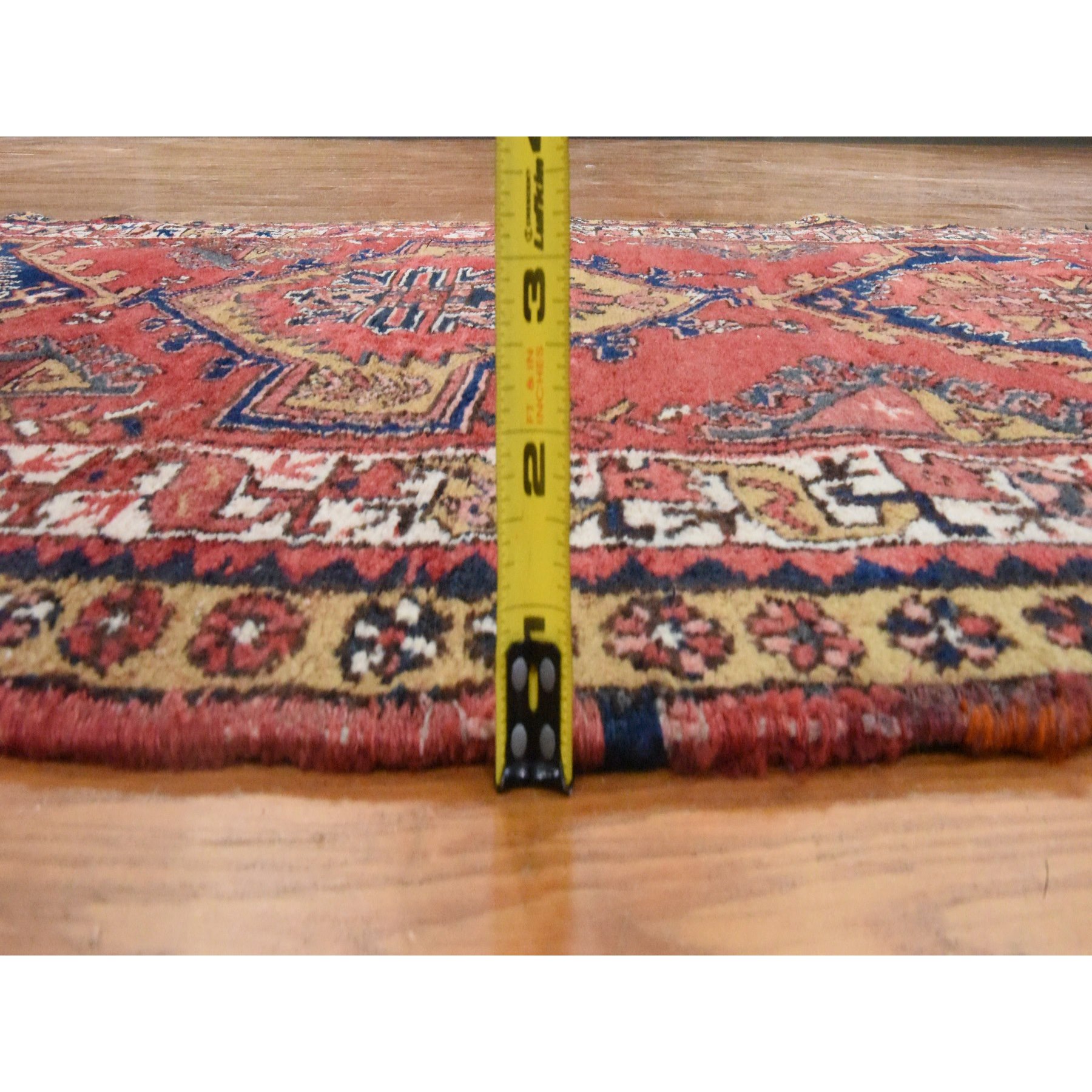 3'2"x10' Tomato Red, Semi Antique Persian Heriz, Geometric Medallion Design, Clean, Full and Soft Even Pile, 100% Wool, Hand Knotted, Oriental, Wide Runner Rug Sh78456