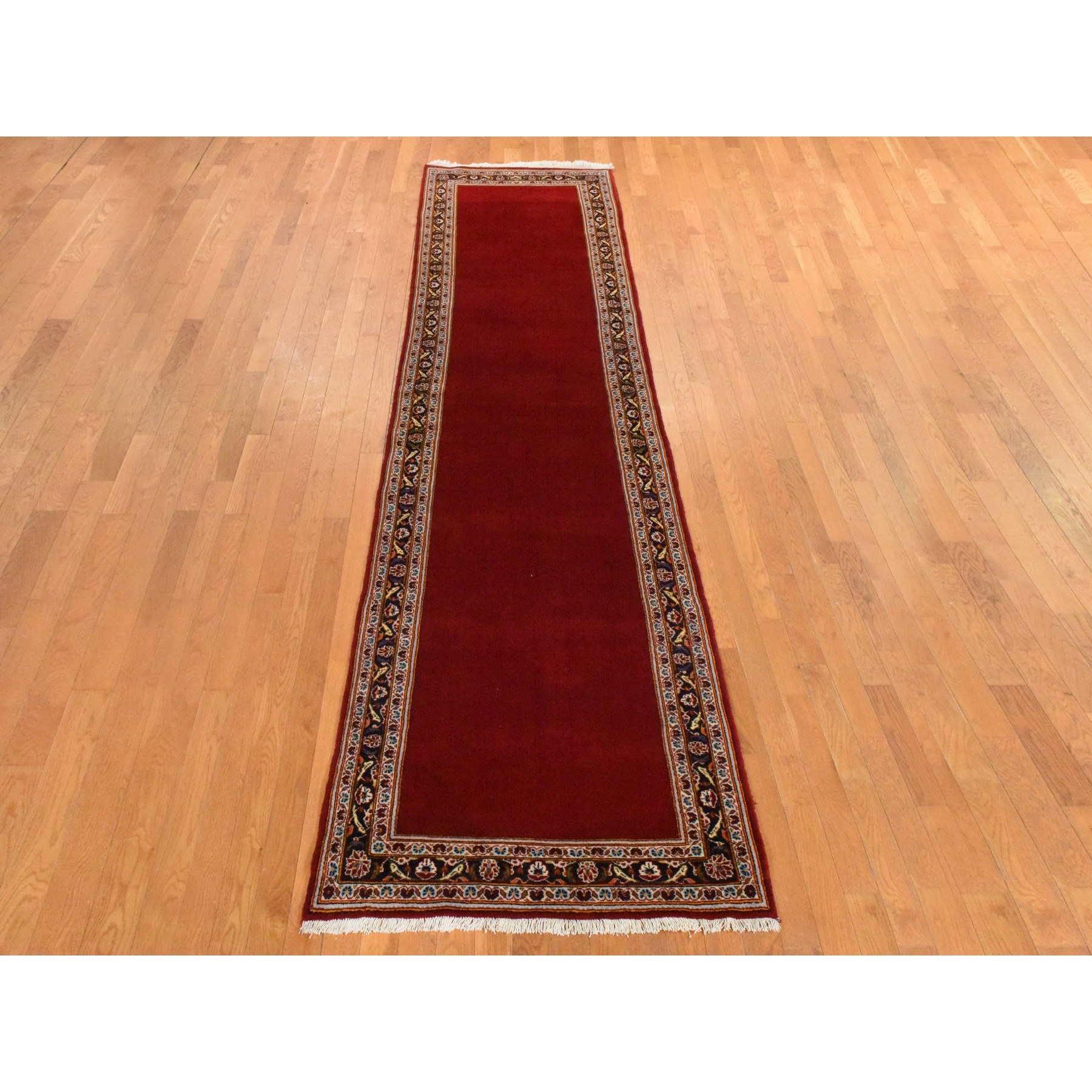 3'5"x12'10" Scarlet Red, Semi Antique Persian Kashan, VIP Open Field Red Carpet Design, Clean, Full and Soft Even Pile, 100% Wool, Hand Knotted, Oriental, Runner Rug Sh78457