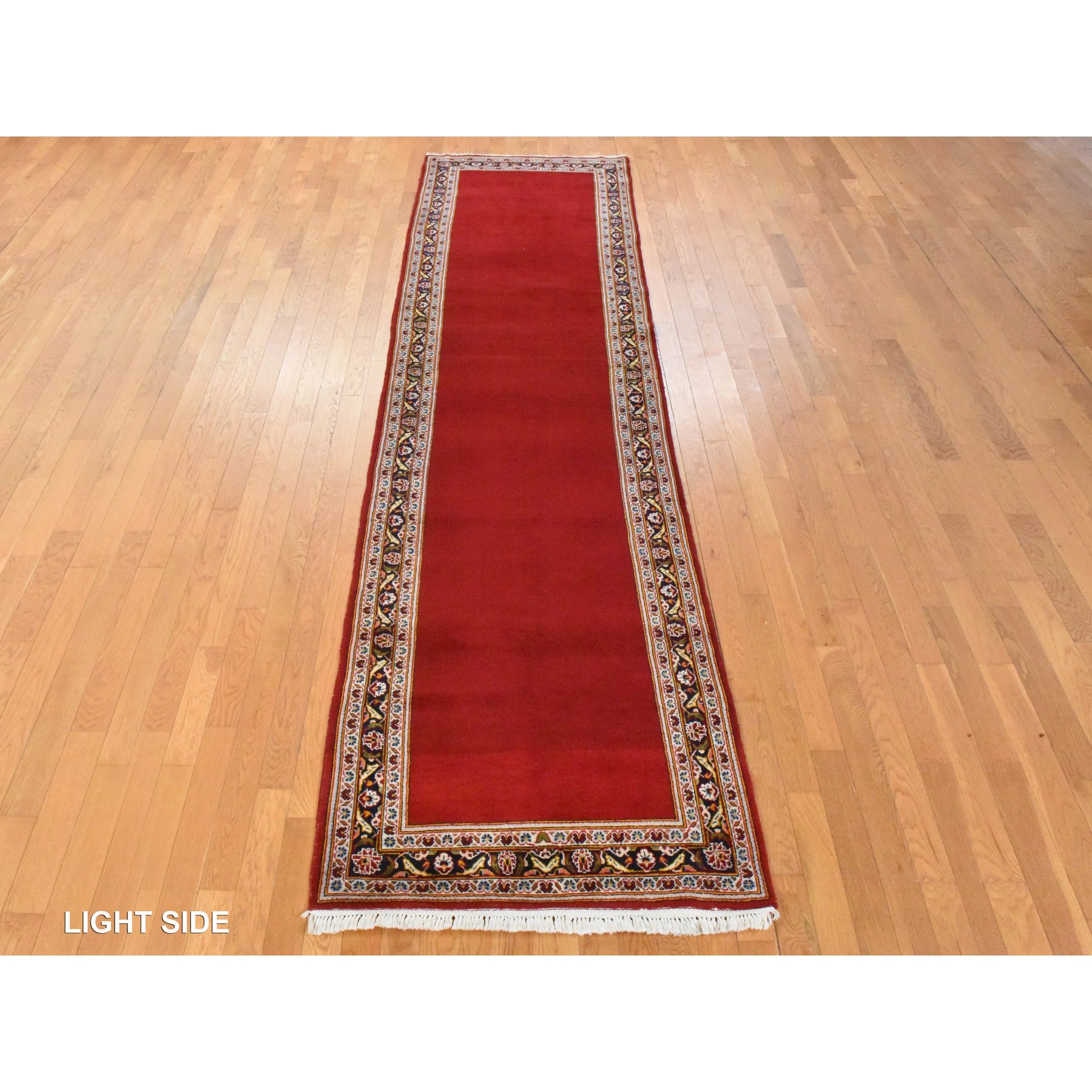 3'5"x12'10" Scarlet Red, Semi Antique Persian Kashan, VIP Open Field Red Carpet Design, Clean, Full and Soft Even Pile, 100% Wool, Hand Knotted, Oriental, Runner Rug Sh78457