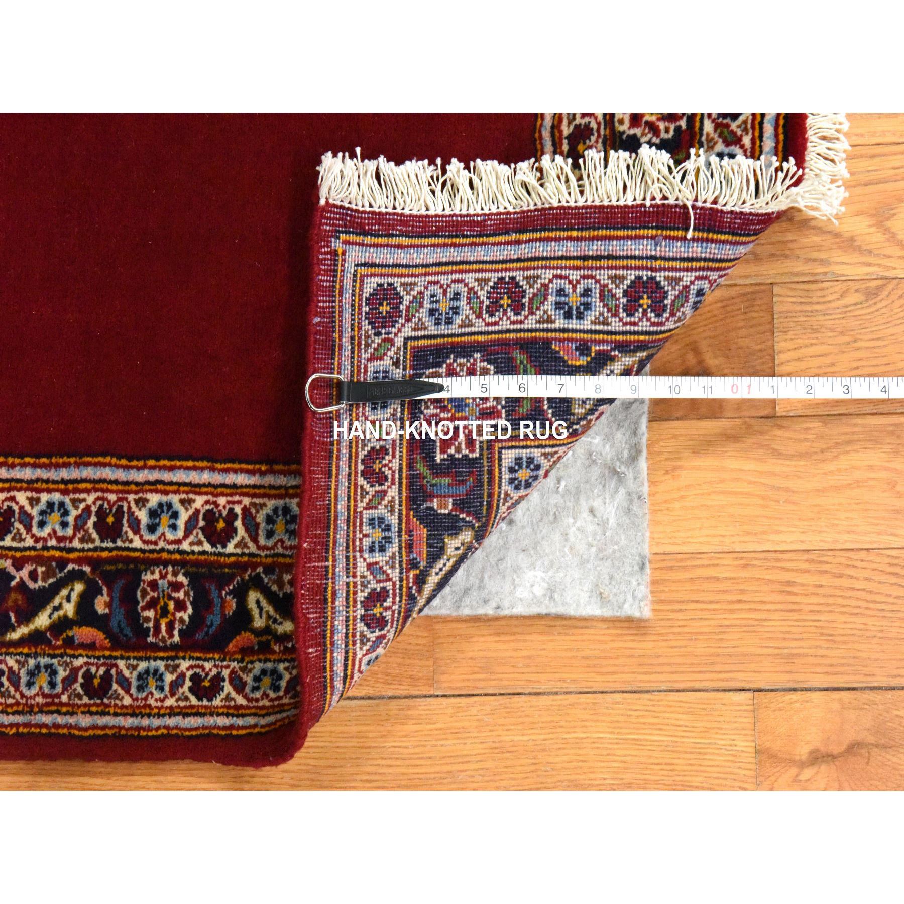 3'5"x12'10" Scarlet Red, Semi Antique Persian Kashan, VIP Open Field Red Carpet Design, Clean, Full and Soft Even Pile, 100% Wool, Hand Knotted, Oriental, Runner Rug Sh78457