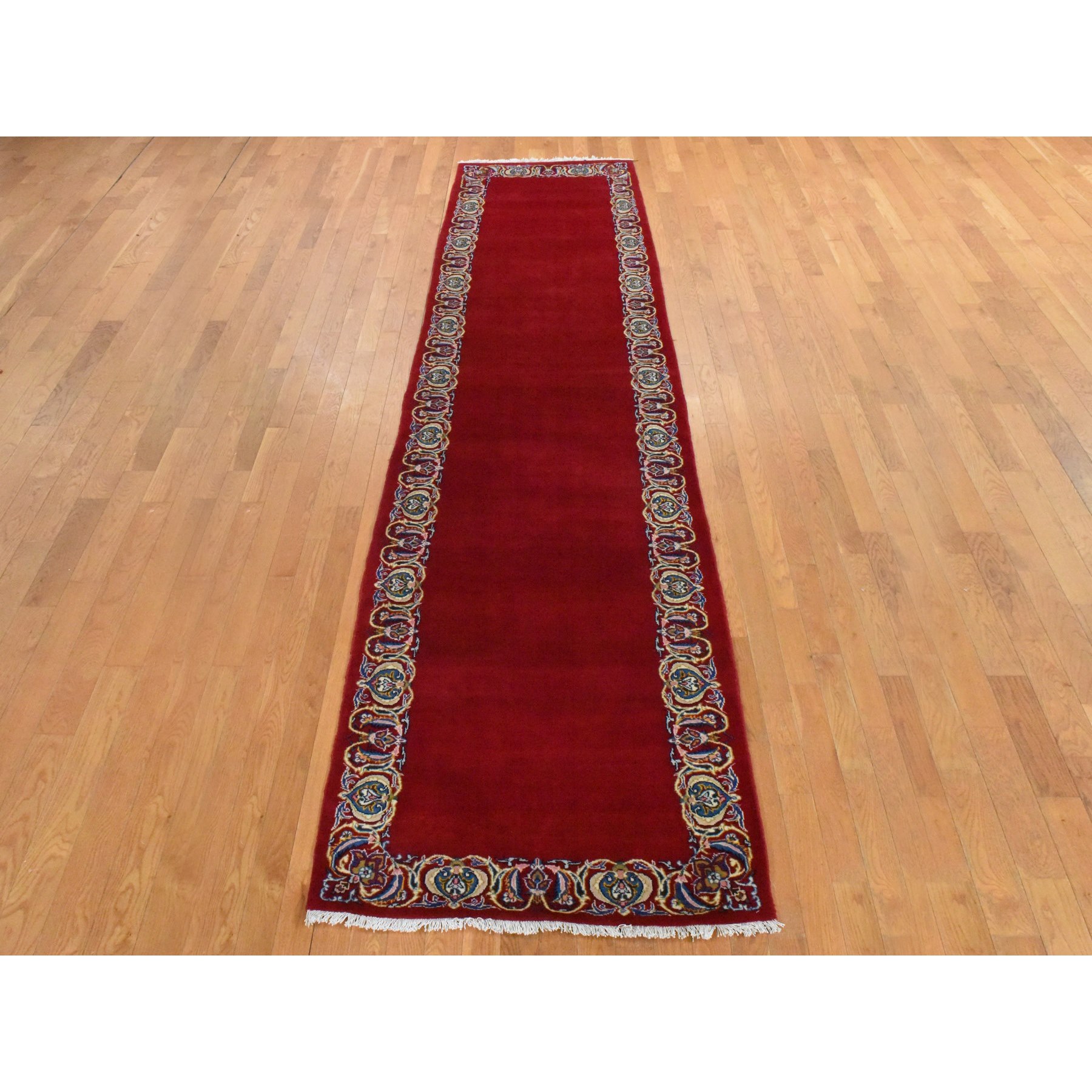 3'5"x13'3" Savvy Red, Semi Antique Persian Kashan, VIP Open Field Red Carpet Design, Clean, Full and Soft Even Pile, 100% Wool, Hand Knotted, Oriental, Runner Rug Sh78458