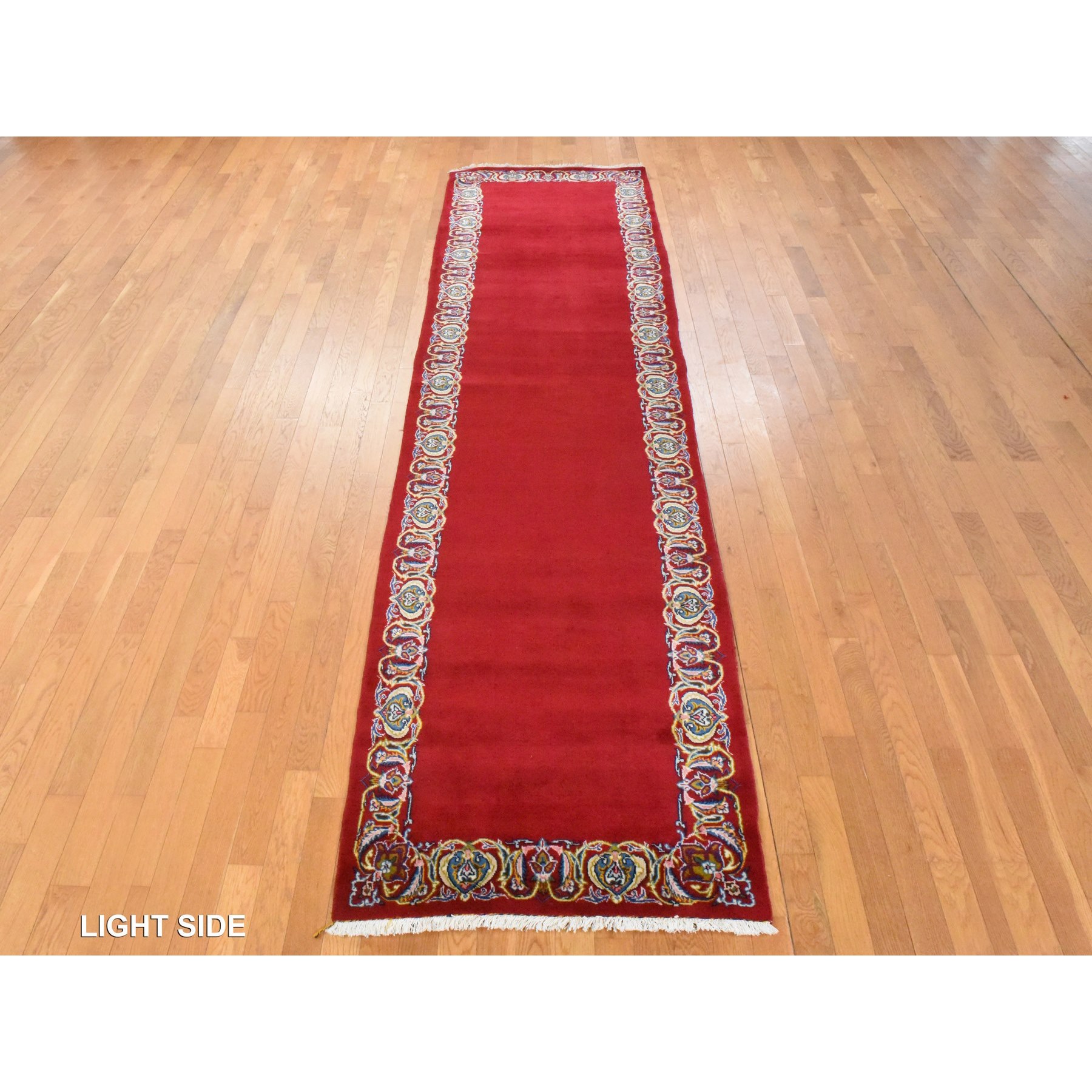 3'5"x13'3" Savvy Red, Semi Antique Persian Kashan, VIP Open Field Red Carpet Design, Clean, Full and Soft Even Pile, 100% Wool, Hand Knotted, Oriental, Runner Rug Sh78458