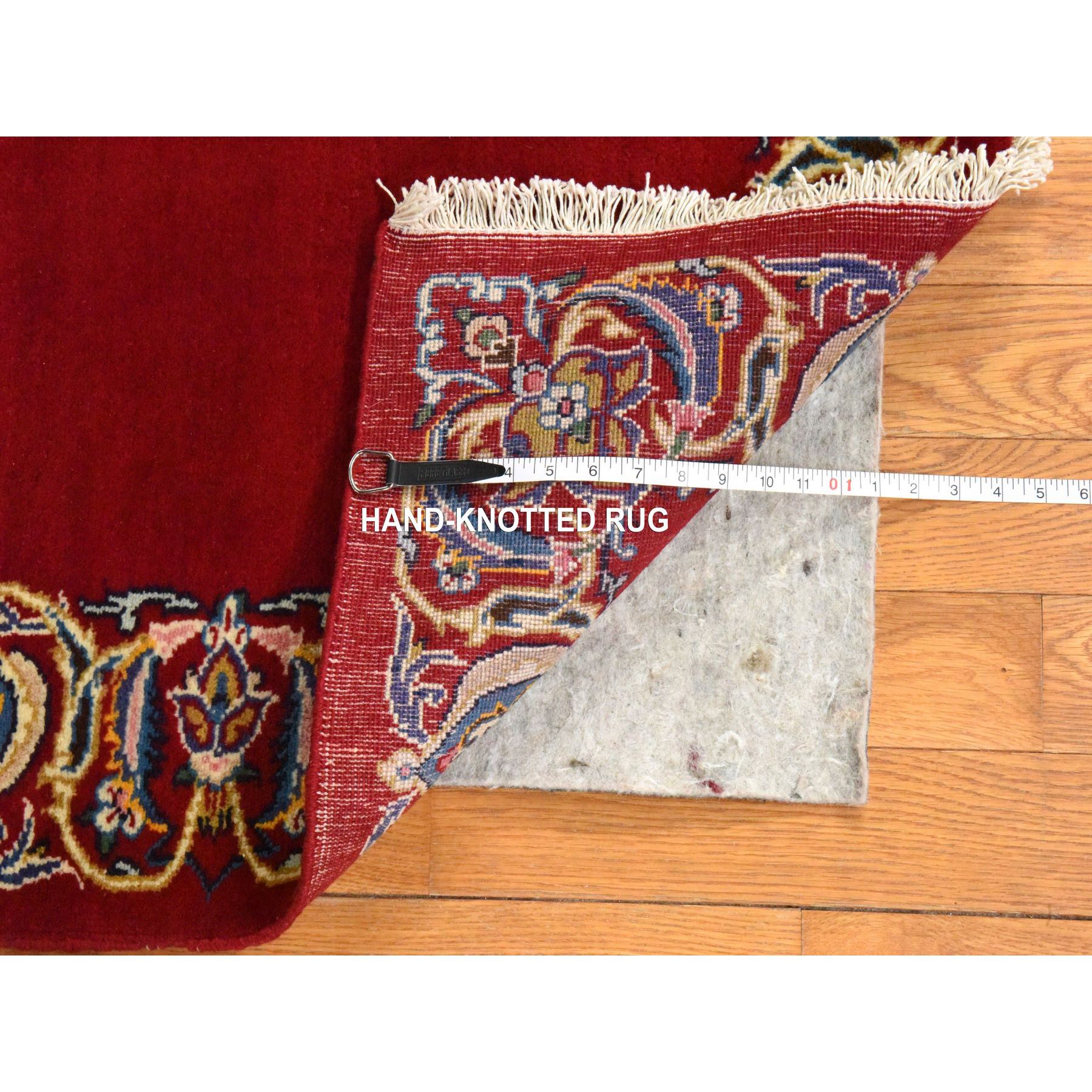 3'5"x13'3" Savvy Red, Semi Antique Persian Kashan, VIP Open Field Red Carpet Design, Clean, Full and Soft Even Pile, 100% Wool, Hand Knotted, Oriental, Runner Rug Sh78458