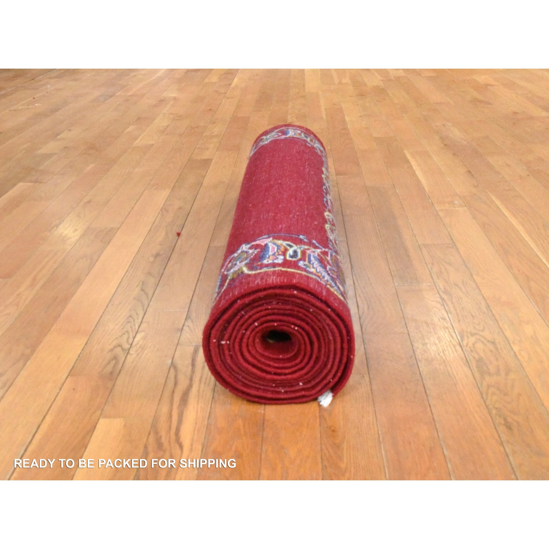 3'5"x13'3" Savvy Red, Semi Antique Persian Kashan, VIP Open Field Red Carpet Design, Clean, Full and Soft Even Pile, 100% Wool, Hand Knotted, Oriental, Runner Rug Sh78458