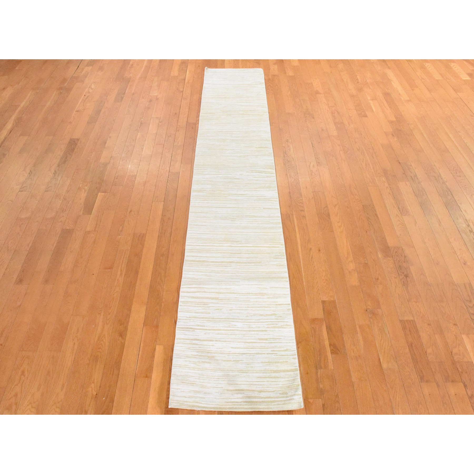 2'x12' Winter White, 100% Wool, Oxidized and Textured, Hand Knotted, Narrow Runner, Oriental Rug Sh78460
