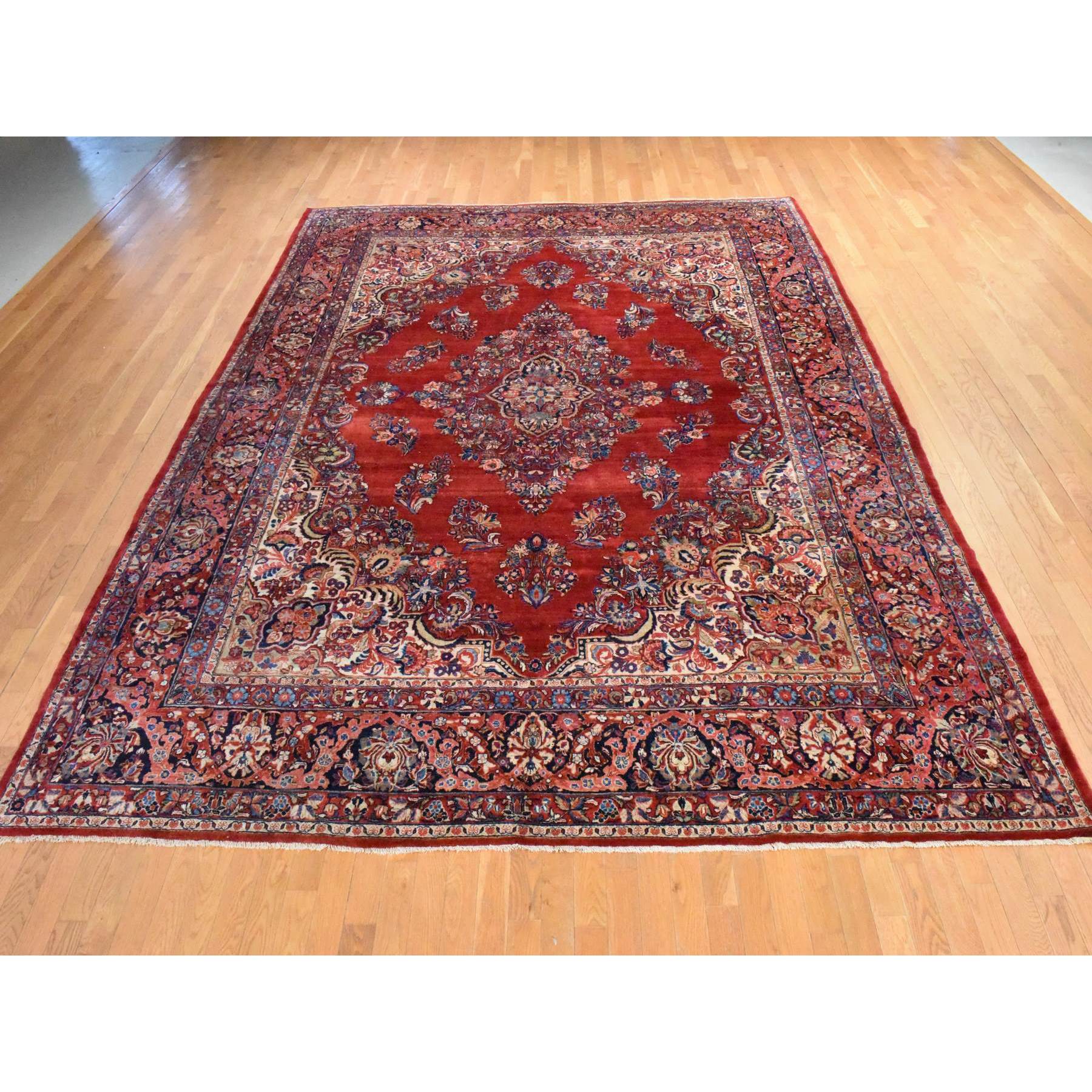 10'2"x13'3" Scarlet Red, Semi Antique Persian Sarouk, Full Pile, Clean, Excellent Condition, 100% Wool, Hand Knotted, Oriental Rug Sh78464