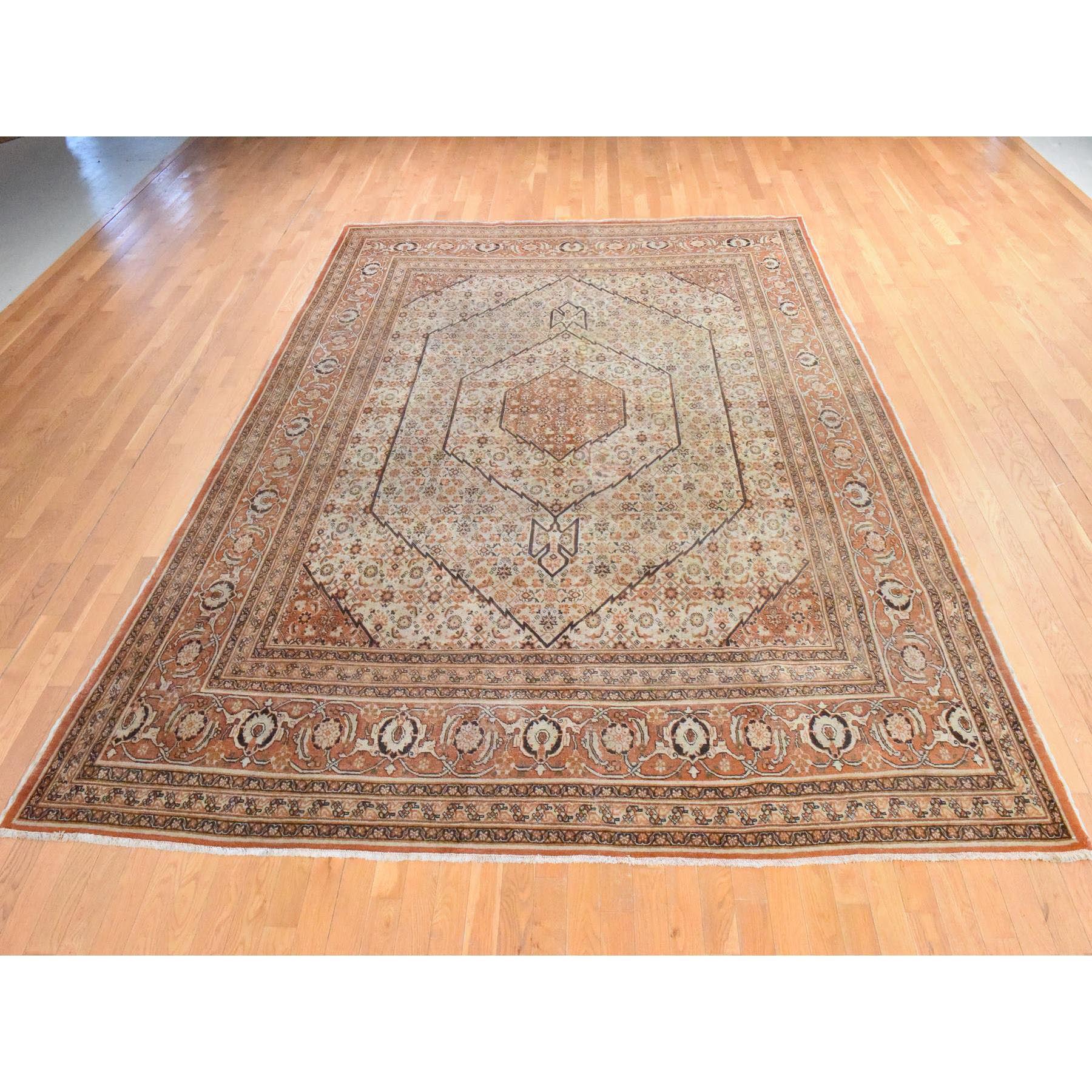9'2"x12'9" Alabaster White, Antique Persian Haja Jalili Tabriz, Clean, Evenly Worn, Serrated Fish Mahi Medallion Design, 100% Wool, Hand Knotted, Oriental Rug Sh78465