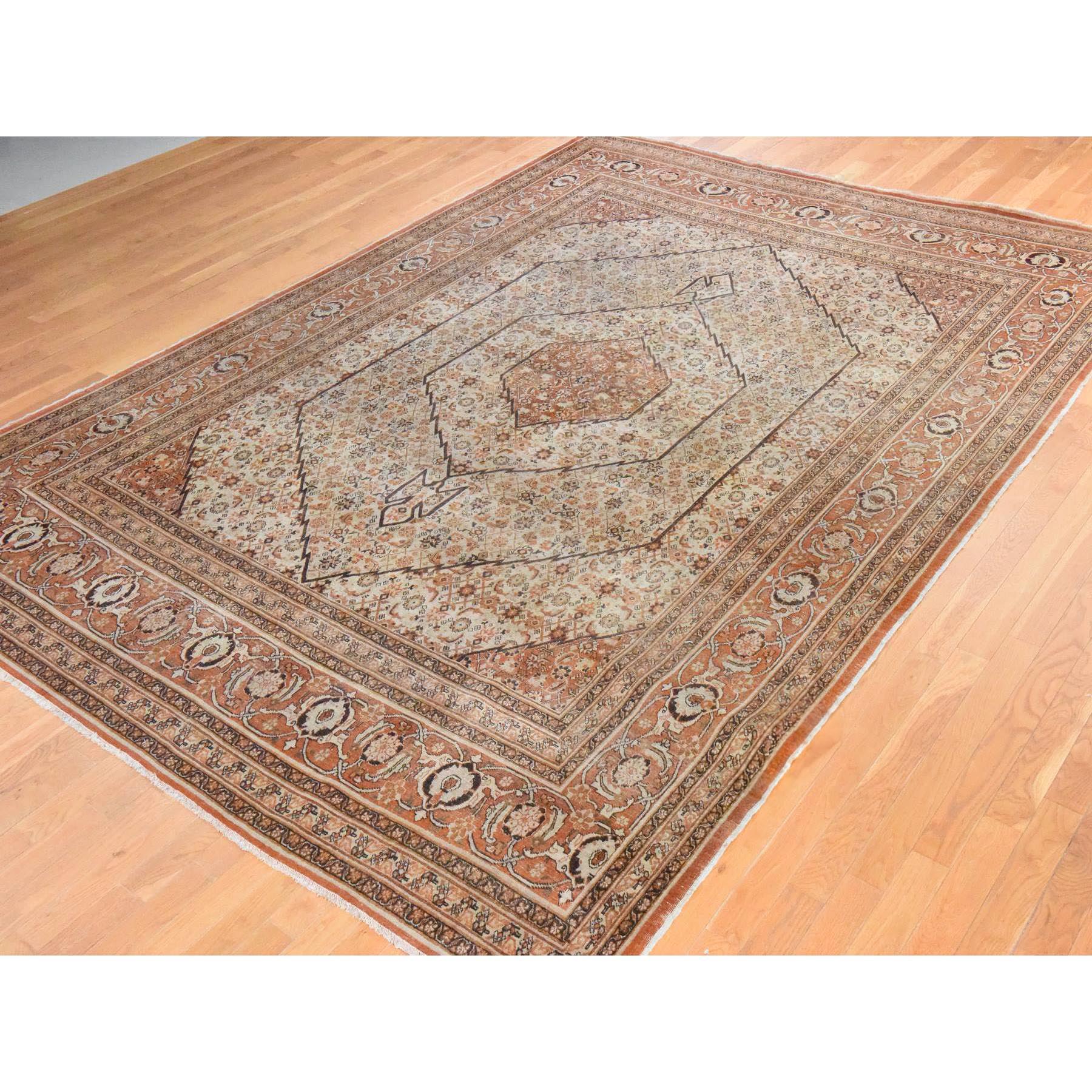 9'2"x12'9" Alabaster White, Antique Persian Haja Jalili Tabriz, Clean, Evenly Worn, Serrated Fish Mahi Medallion Design, 100% Wool, Hand Knotted, Oriental Rug Sh78465