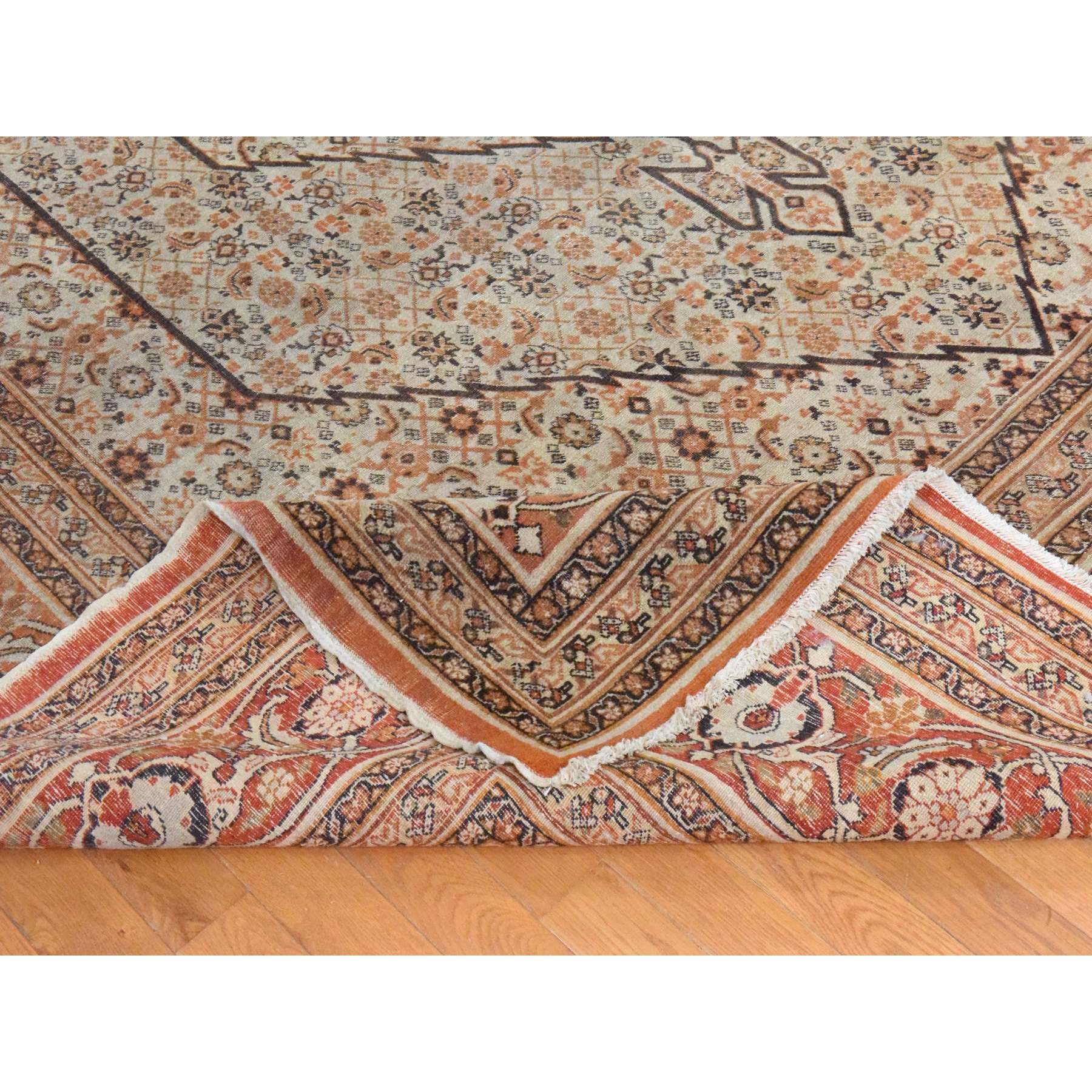 9'2"x12'9" Alabaster White, Antique Persian Haja Jalili Tabriz, Clean, Evenly Worn, Serrated Fish Mahi Medallion Design, 100% Wool, Hand Knotted, Oriental Rug Sh78465