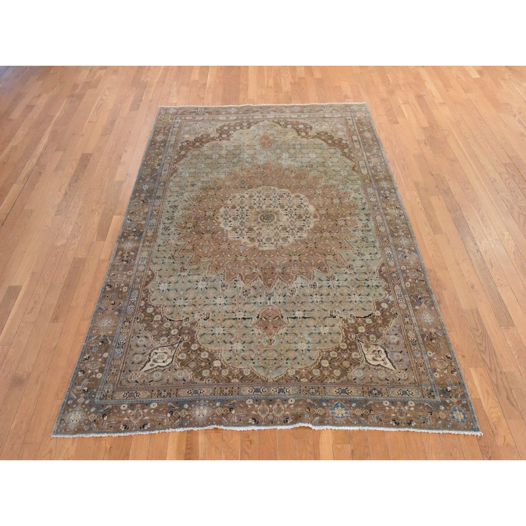 6'4"x9'4" Light Green, Semi Antique Persian Moud, Clean, Full Pile, Large Medallion Design, 100% Wool, Hand Knotted, Oriental Rug Sh78466