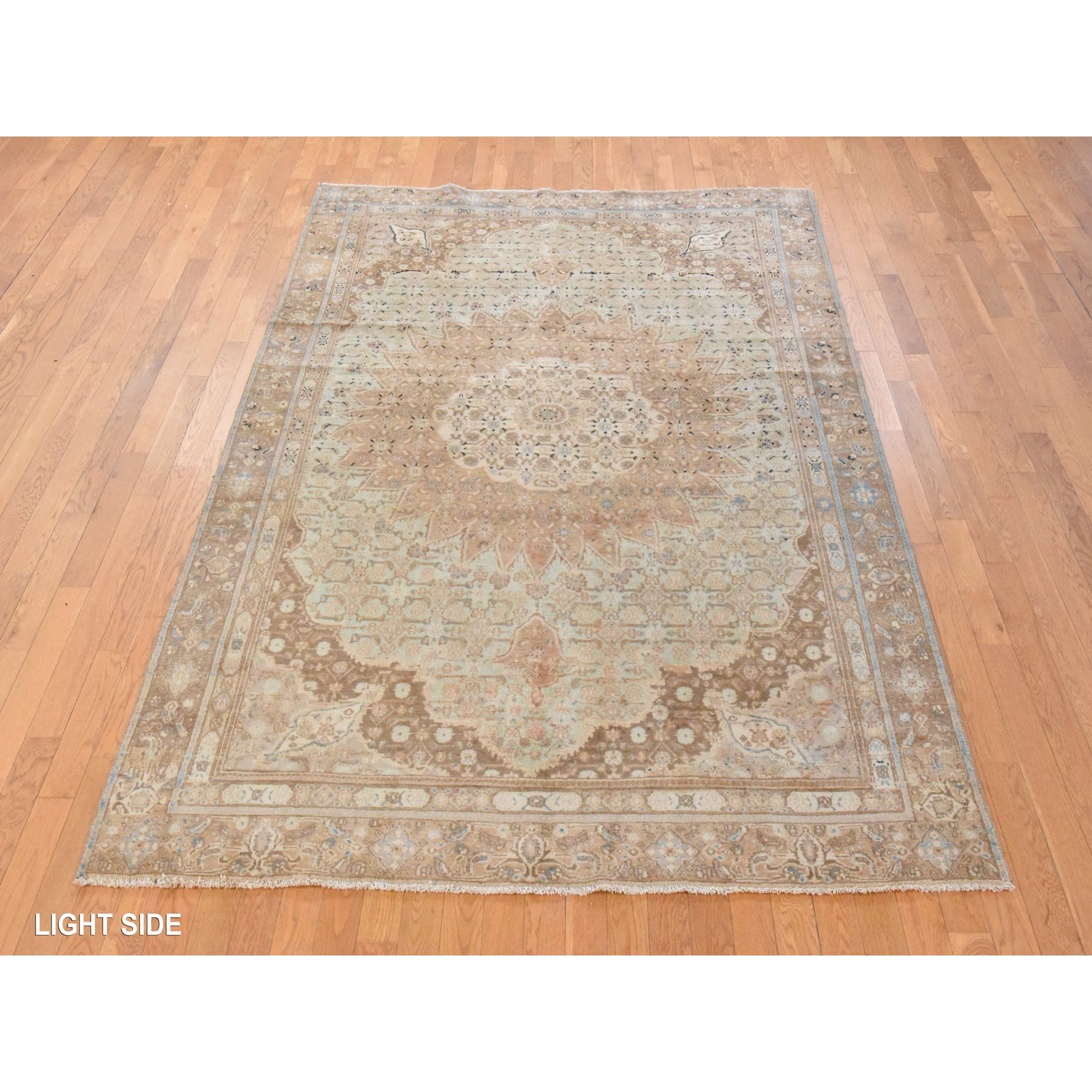 6'4"x9'4" Light Green, Semi Antique Persian Moud, Clean, Full Pile, Large Medallion Design, 100% Wool, Hand Knotted, Oriental Rug Sh78466