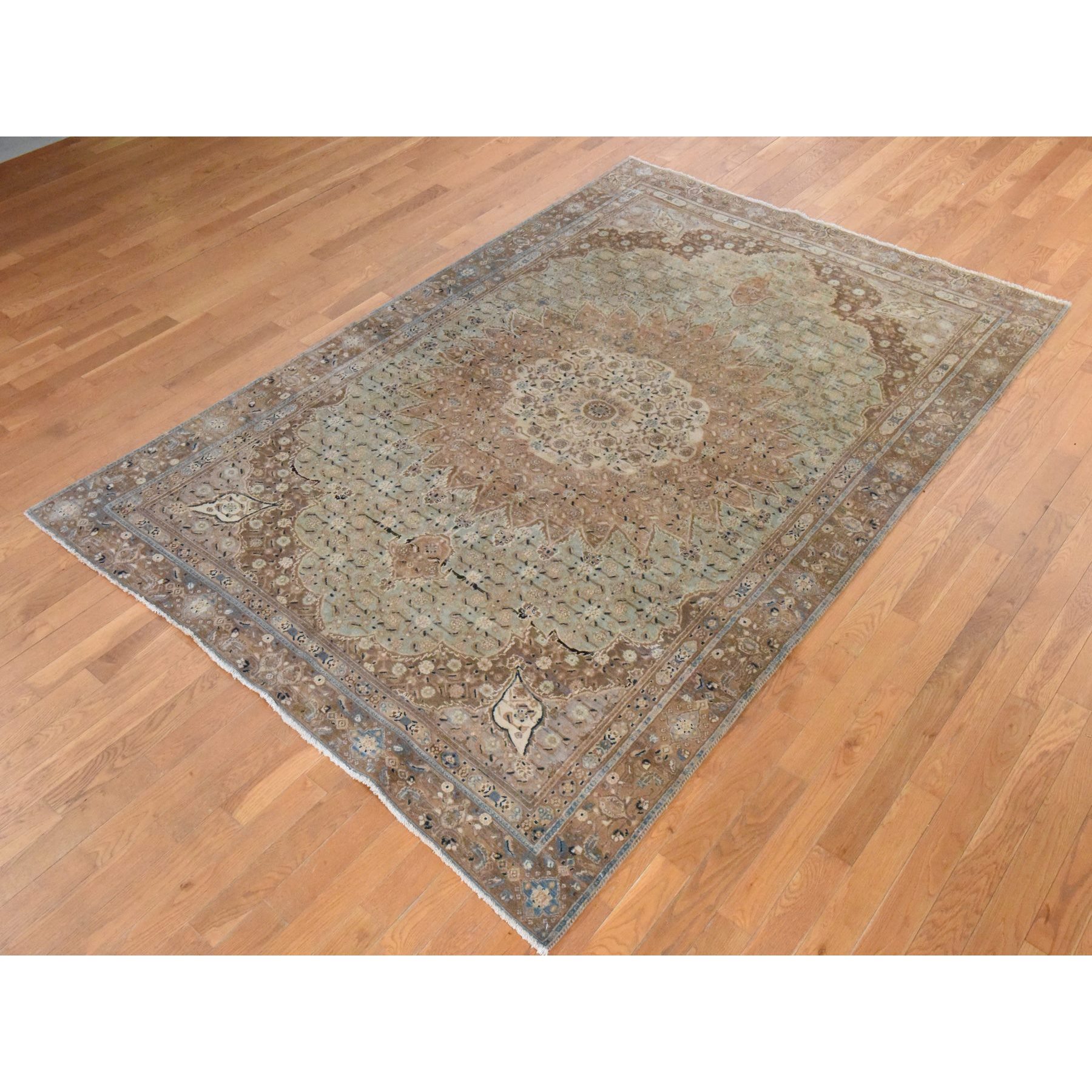 6'4"x9'4" Light Green, Semi Antique Persian Moud, Clean, Full Pile, Large Medallion Design, 100% Wool, Hand Knotted, Oriental Rug Sh78466