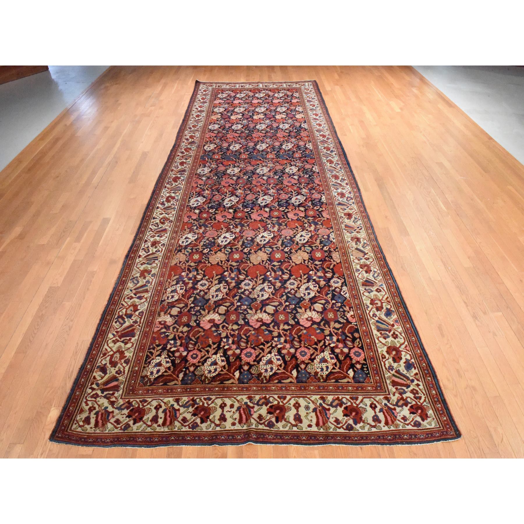 7'2"x19'3" Midnight Blue, Antique Persian Bakhtiari with Repetitive Botanical Design, Gallery Size, Hand Knotted, 100% Wool, XL, Oriental Rug Sh78467