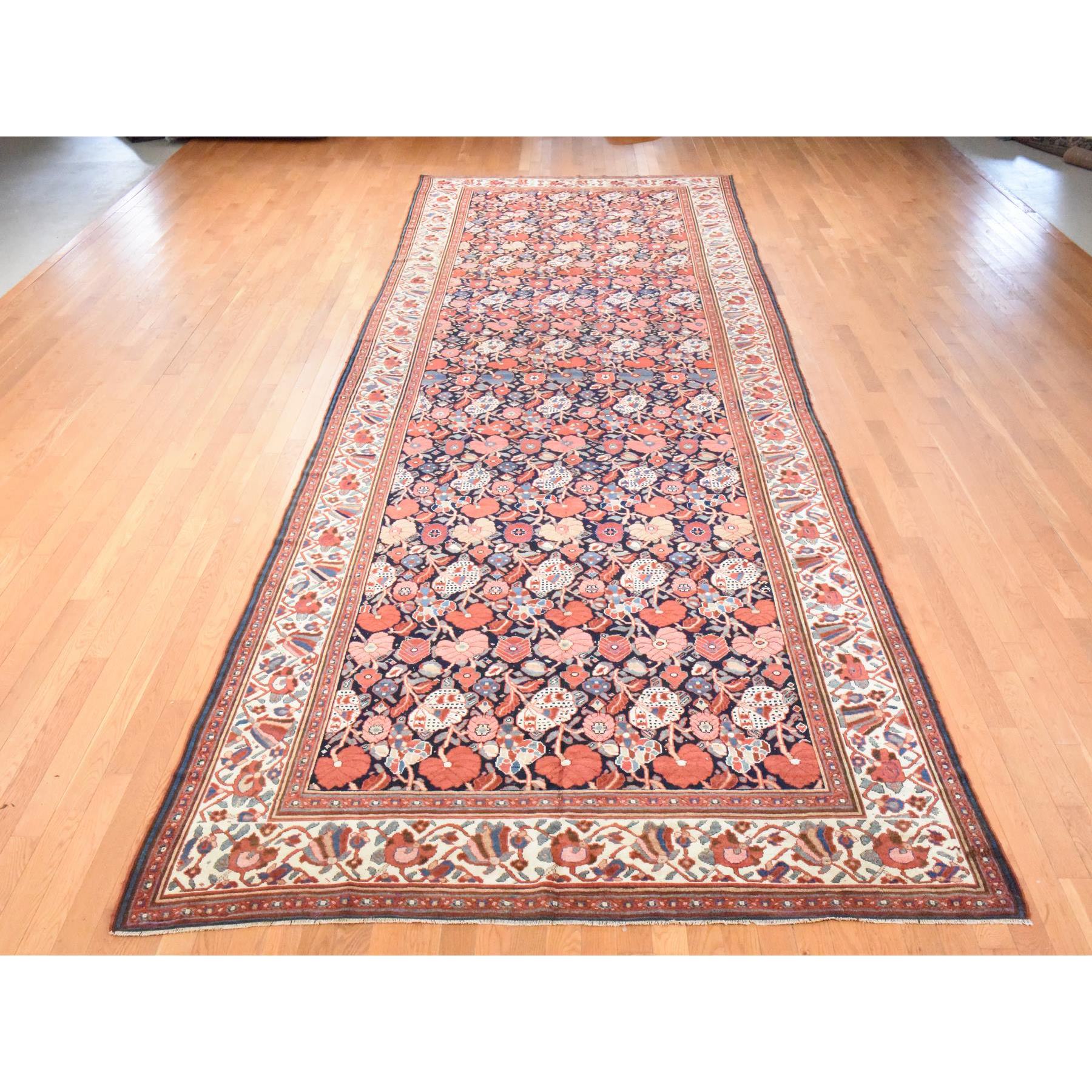 7'2"x19'3" Midnight Blue, Antique Persian Bakhtiari with Repetitive Botanical Design, Gallery Size, Hand Knotted, 100% Wool, XL, Oriental Rug Sh78467
