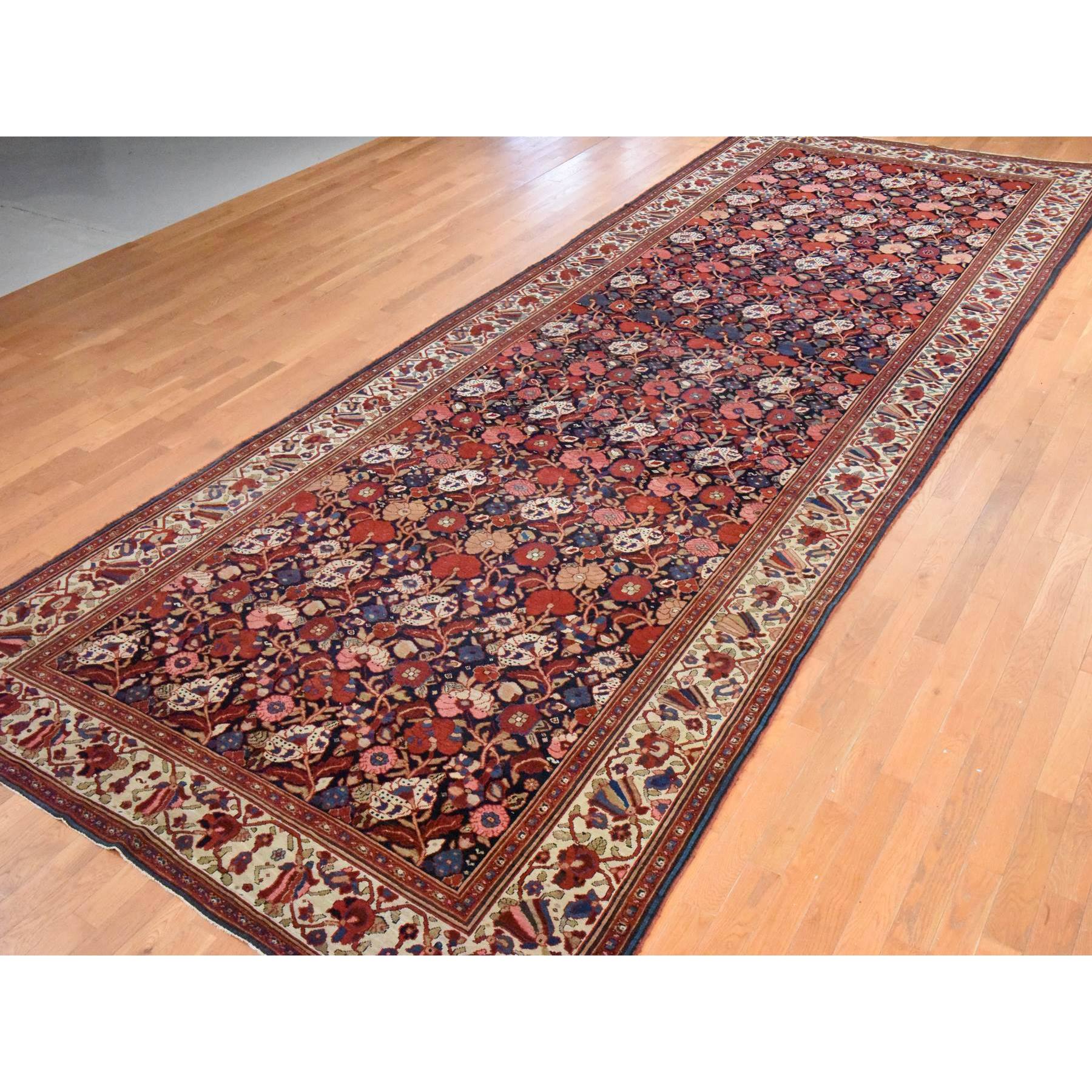 7'2"x19'3" Midnight Blue, Antique Persian Bakhtiari with Repetitive Botanical Design, Gallery Size, Hand Knotted, 100% Wool, XL, Oriental Rug Sh78467