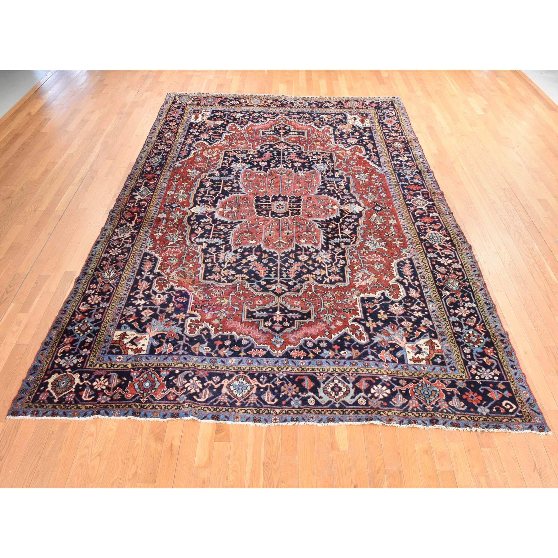 8'10"x12'2" Samba Red, Antique Persian Heriz, Clean, Even Wear, Large Medallion Design, 100% Wool, Hand Knotted, Oriental Rug Sh78468
