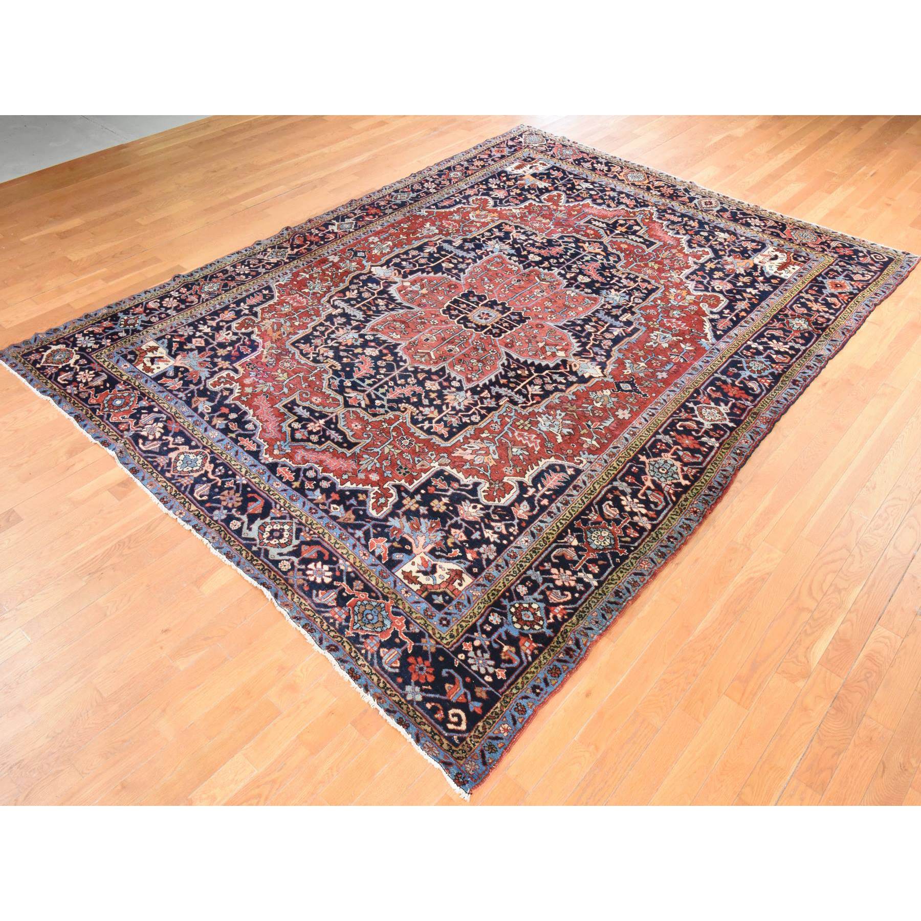 8'10"x12'2" Samba Red, Antique Persian Heriz, Clean, Even Wear, Large Medallion Design, 100% Wool, Hand Knotted, Oriental Rug Sh78468