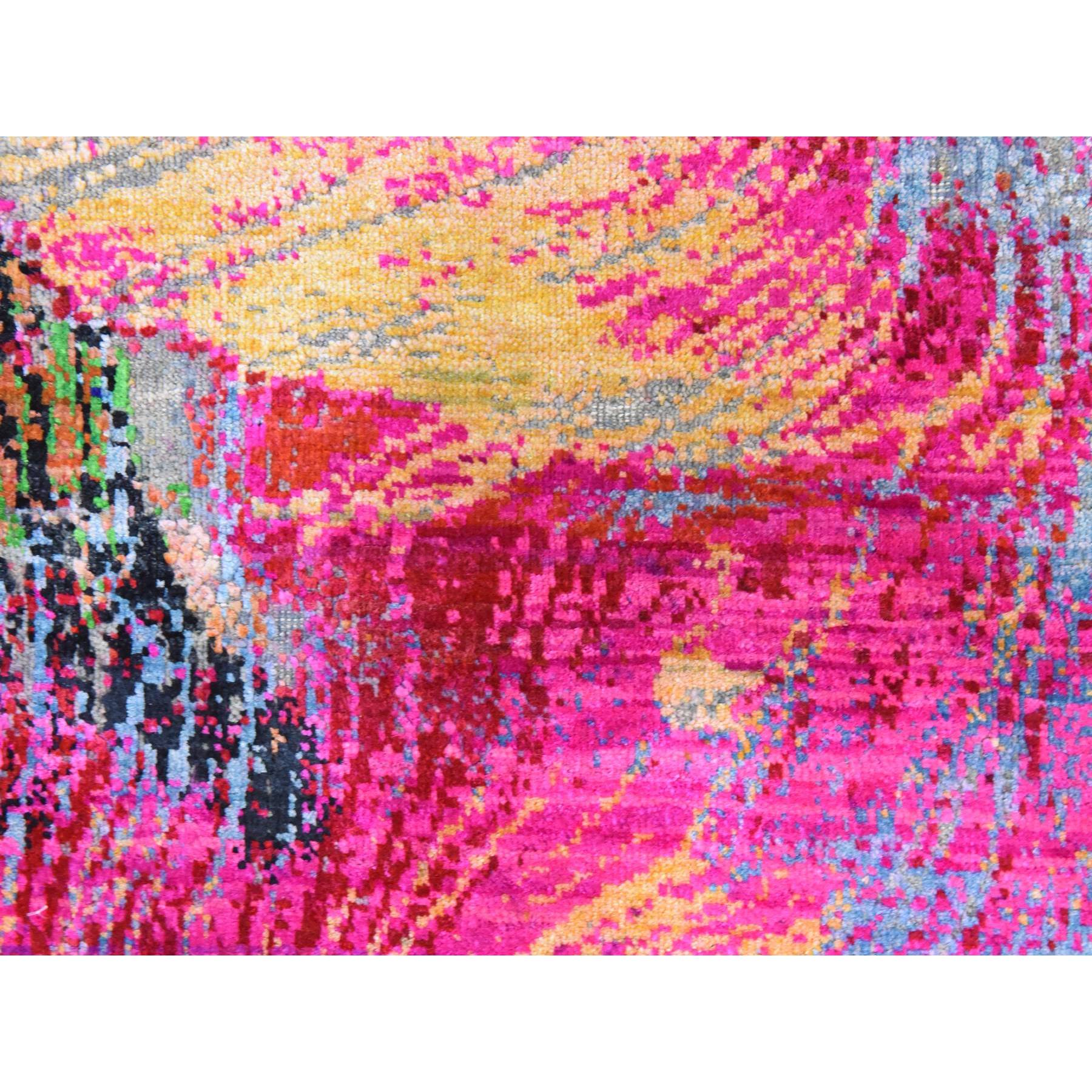 2'x3'1" Fuscia Pink, Sari Silk, Modern Design, Sample, Hand Knotted, Mat, Oriental Rug Sh78470