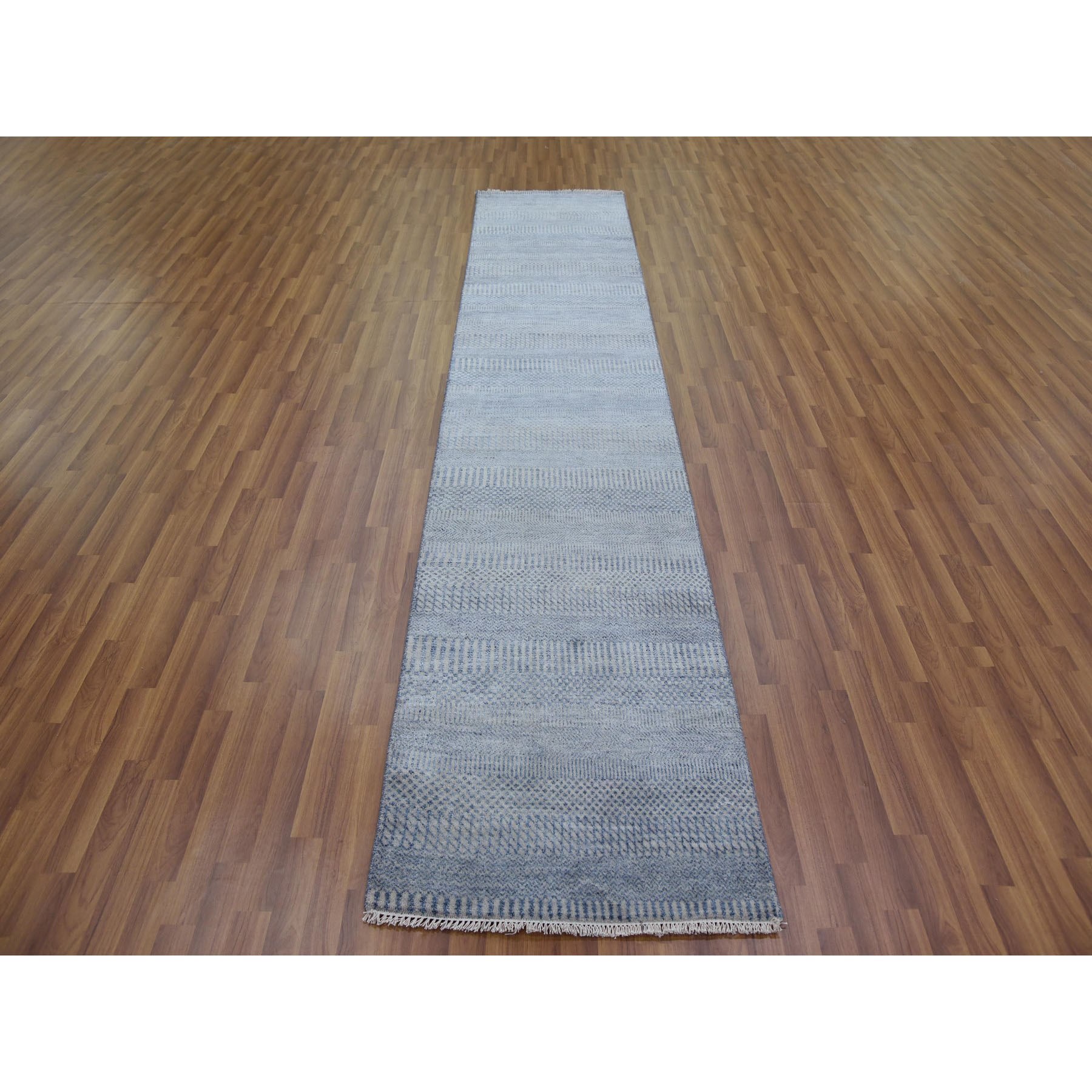 2'6"x12' Gray, Modern Grass Design Gabbeh, Densely Woven Wool and Silk Hand Knotted, Runner Oriental Rug Sh79142