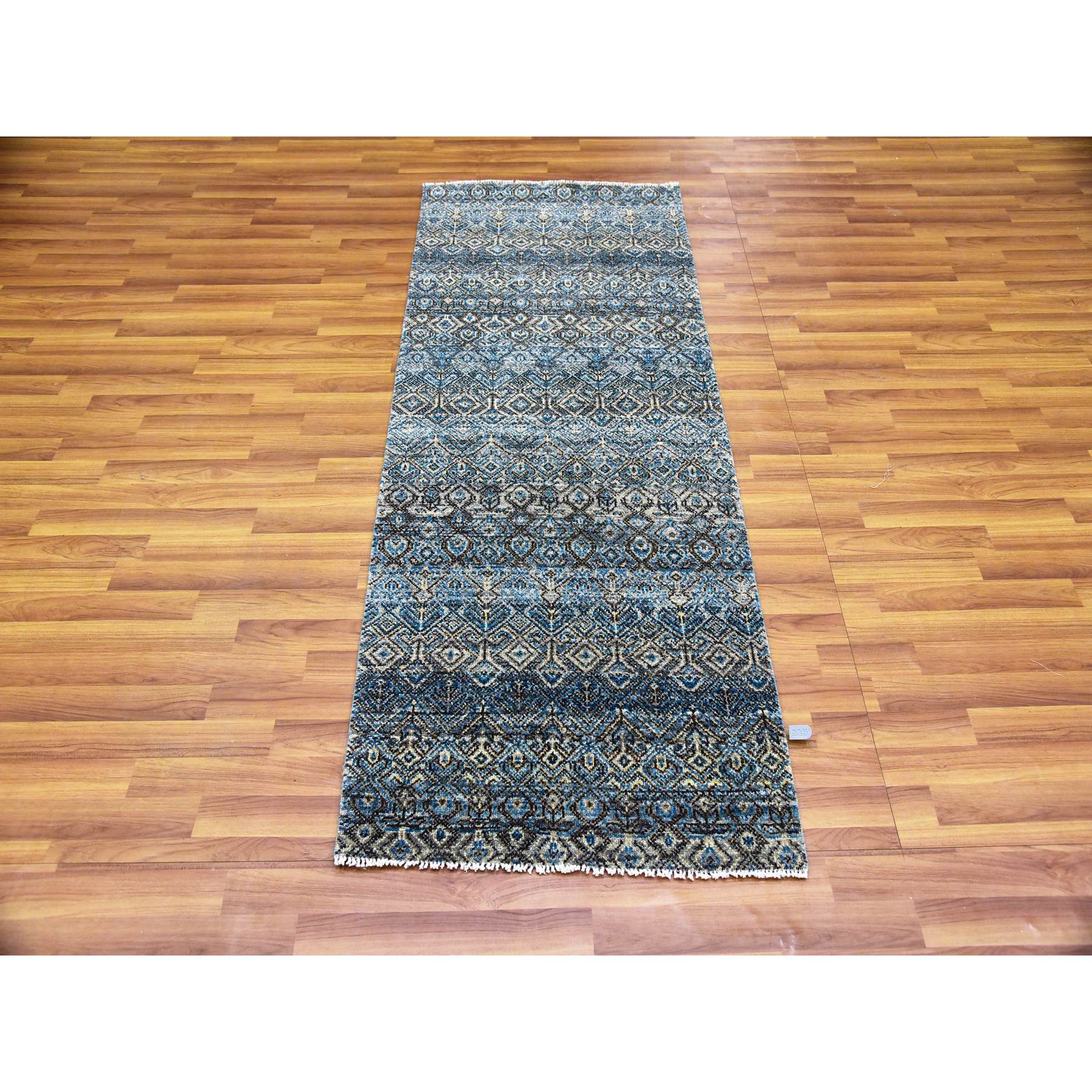 2'6"x6'1" Yale Blue, 100% Plush Wool, Hand Knotted, Kohinoor Herat Small Geometric Repetitive Design, Runner Oriental Rug Sh79498