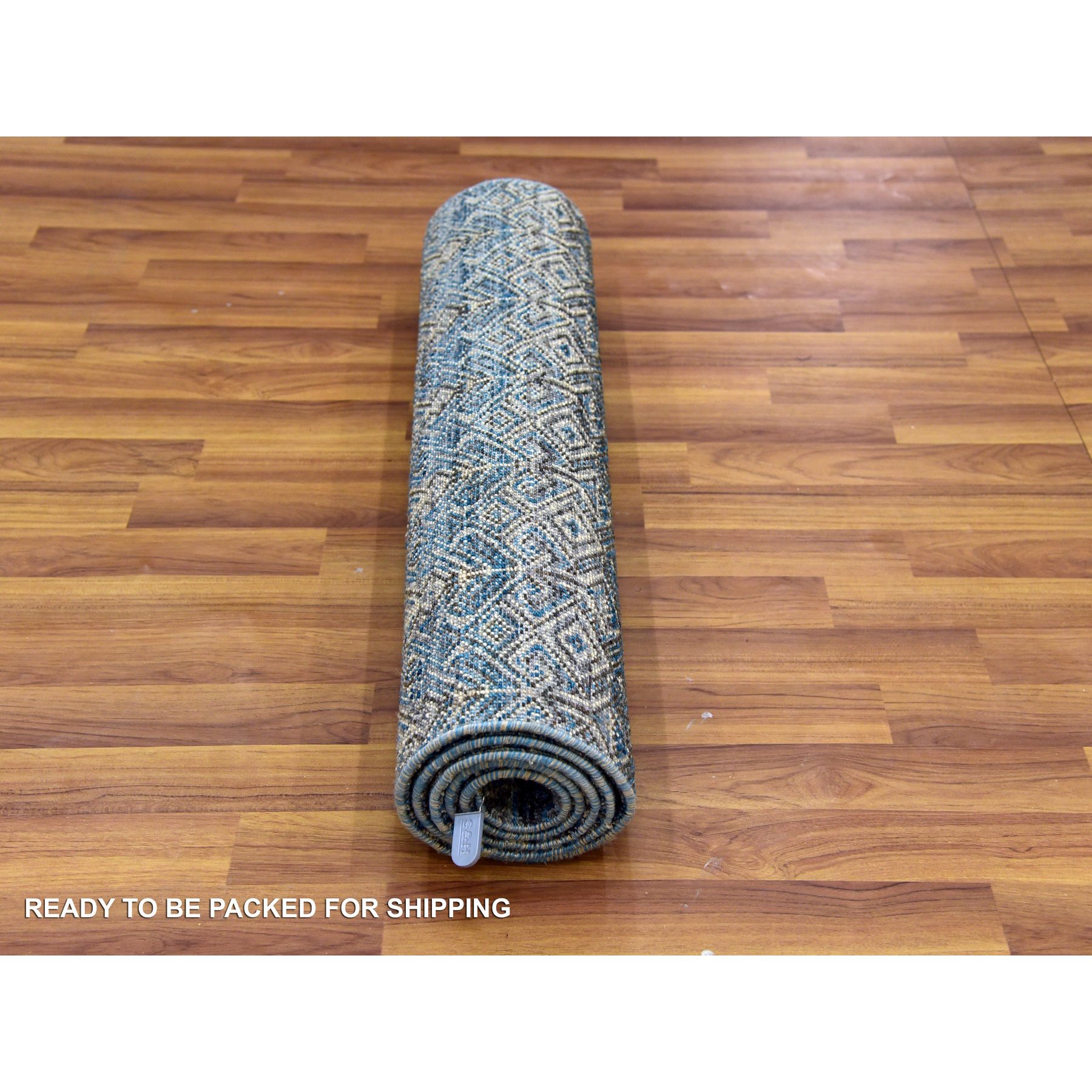 2'6"x6'1" Yale Blue, 100% Plush Wool, Hand Knotted, Kohinoor Herat Small Geometric Repetitive Design, Runner Oriental Rug Sh79498