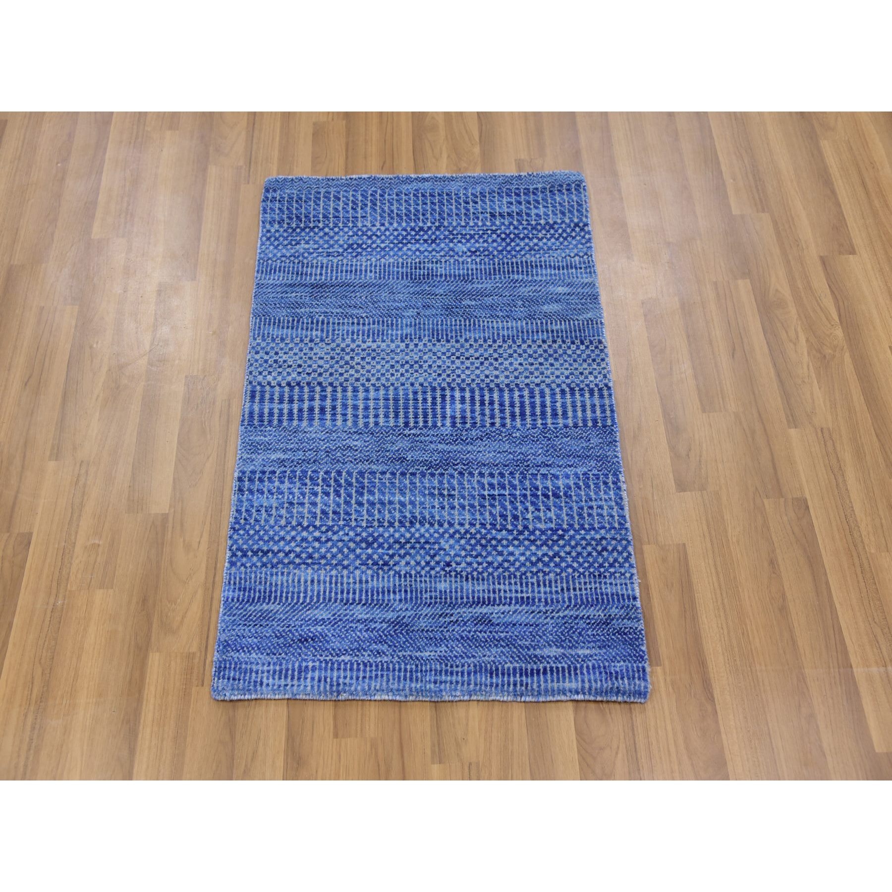2'x3'1" Boeing Blue, Pure Dyed Wool, Tone on Tone, Modern Grass Design, Hand Knotted, Mat Oriental Rug Sh79630