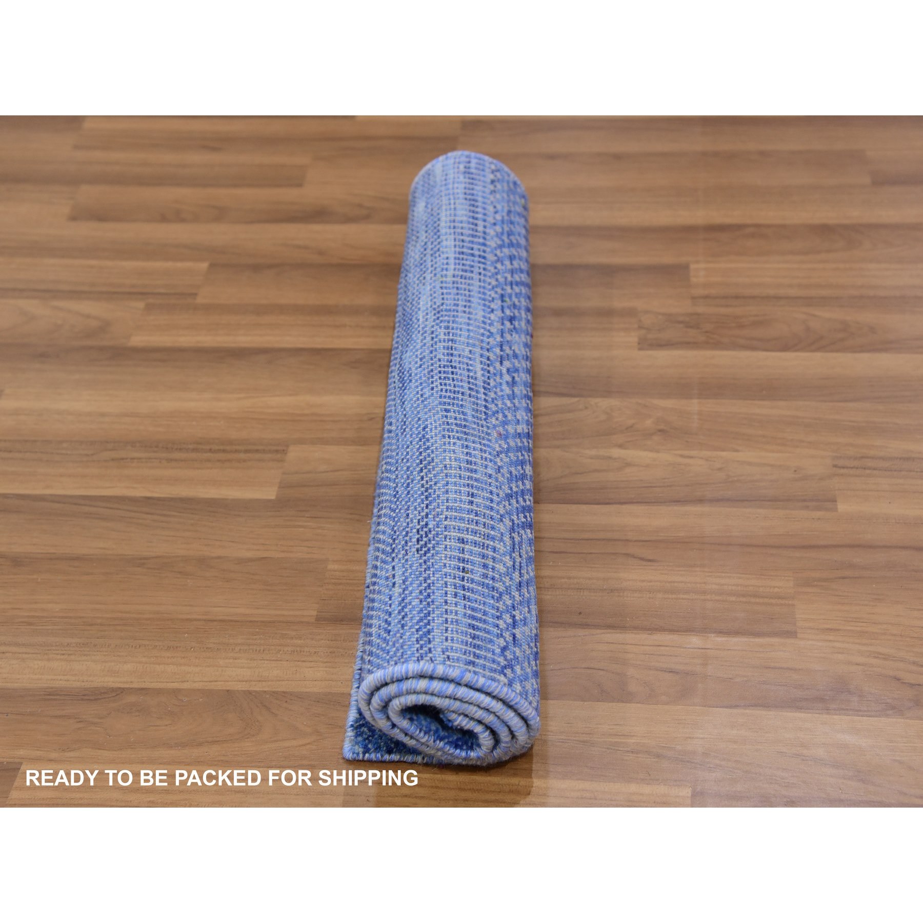 2'x3'1" Boeing Blue, Pure Dyed Wool, Tone on Tone, Modern Grass Design, Hand Knotted, Mat Oriental Rug Sh79630