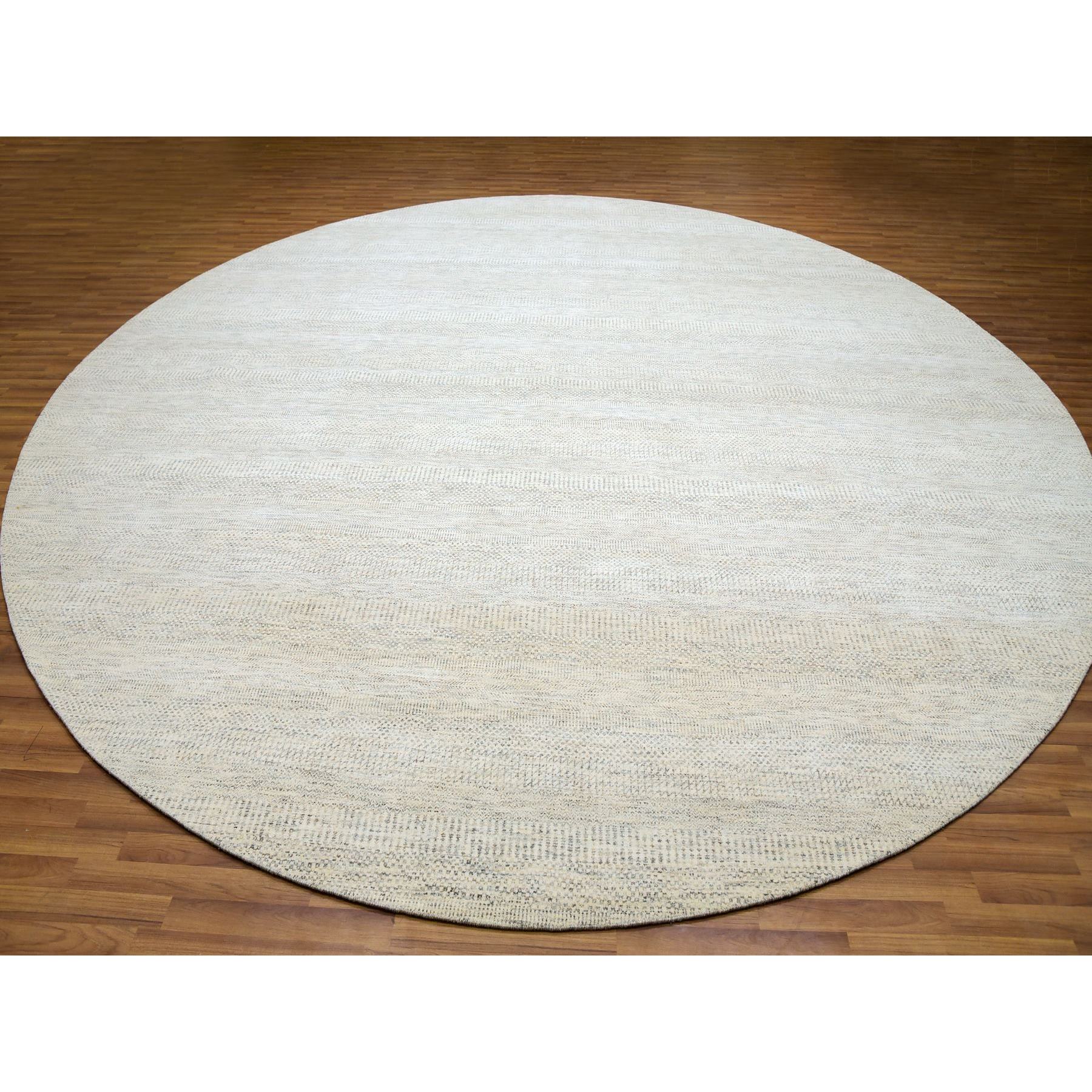 14'x14' Pristine White, Extra Soft Wool, Hand Knotted Modern Grass Design, Tone on Tone, Organic Sustainable Textile, Round Oriental Rug Sh79972