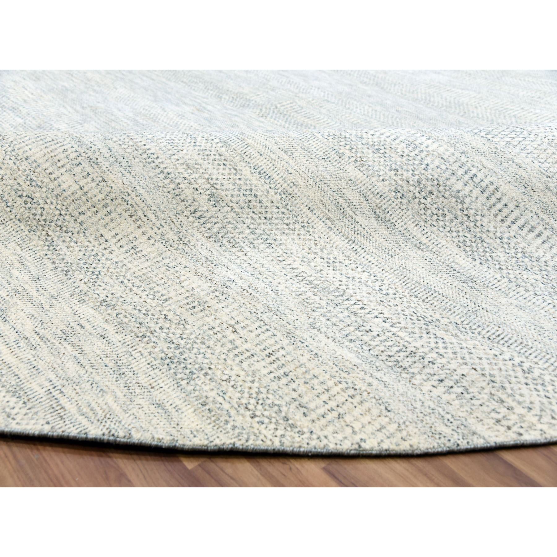 14'x14' Pristine White, Extra Soft Wool, Hand Knotted Modern Grass Design, Tone on Tone, Organic Sustainable Textile, Round Oriental Rug Sh79972