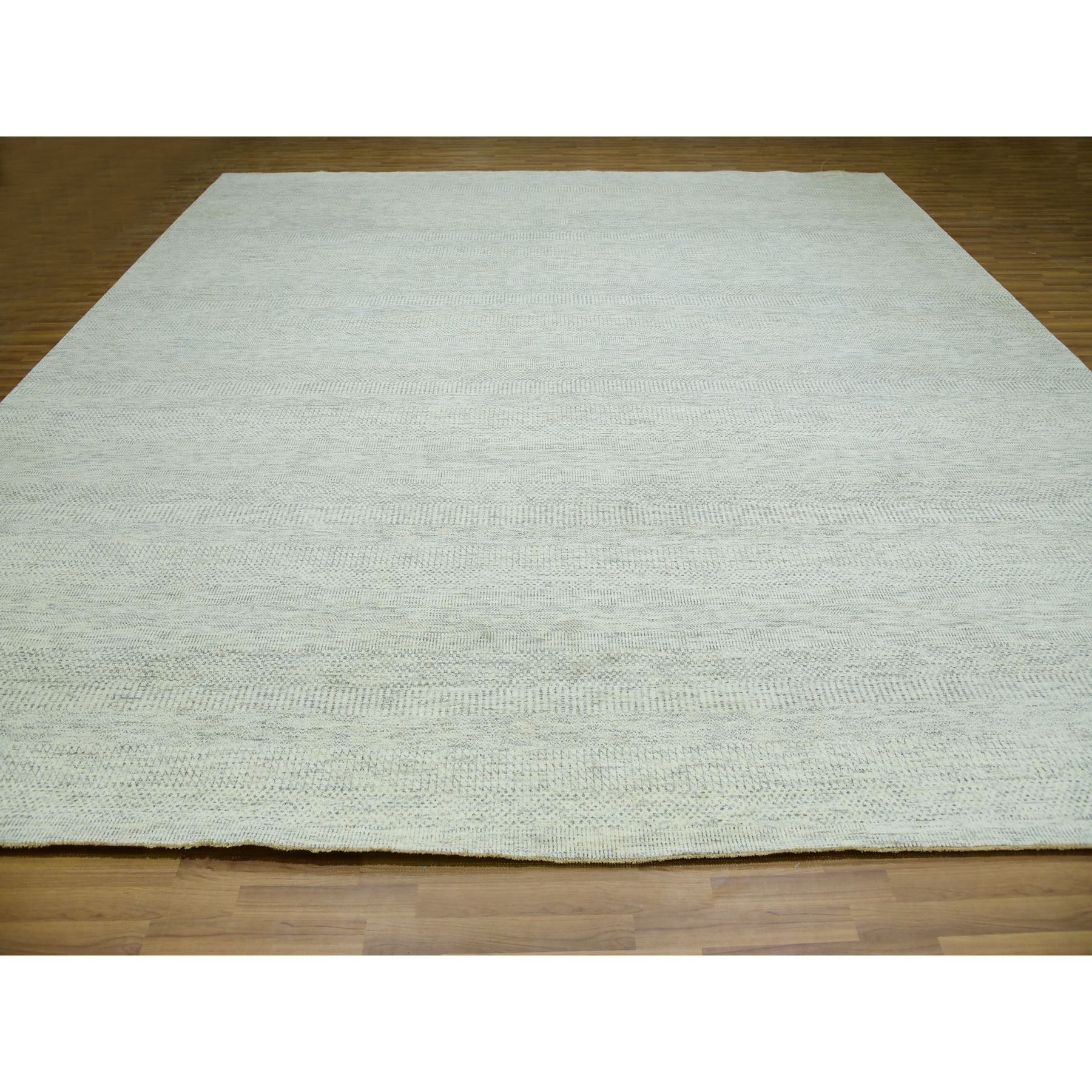 14'x14' Eggnog White, Borderless Modern Grass Design, Hand Knotted Organic Sustainable Textile, Pure Wool, Tone on Tone, Square Oriental Rug Sh79974