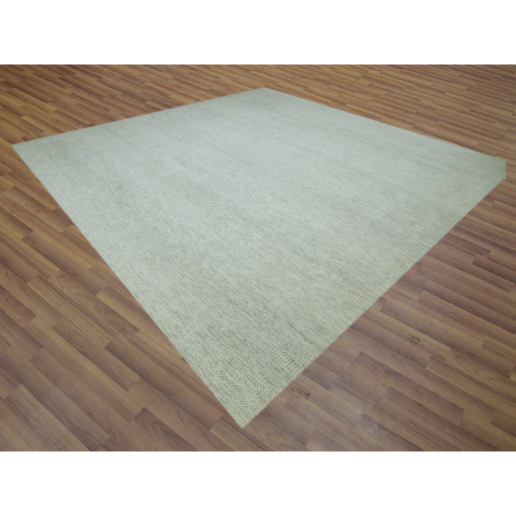 14'x14' Eggnog White, Borderless Modern Grass Design, Hand Knotted Organic Sustainable Textile, Pure Wool, Tone on Tone, Square Oriental Rug Sh79974