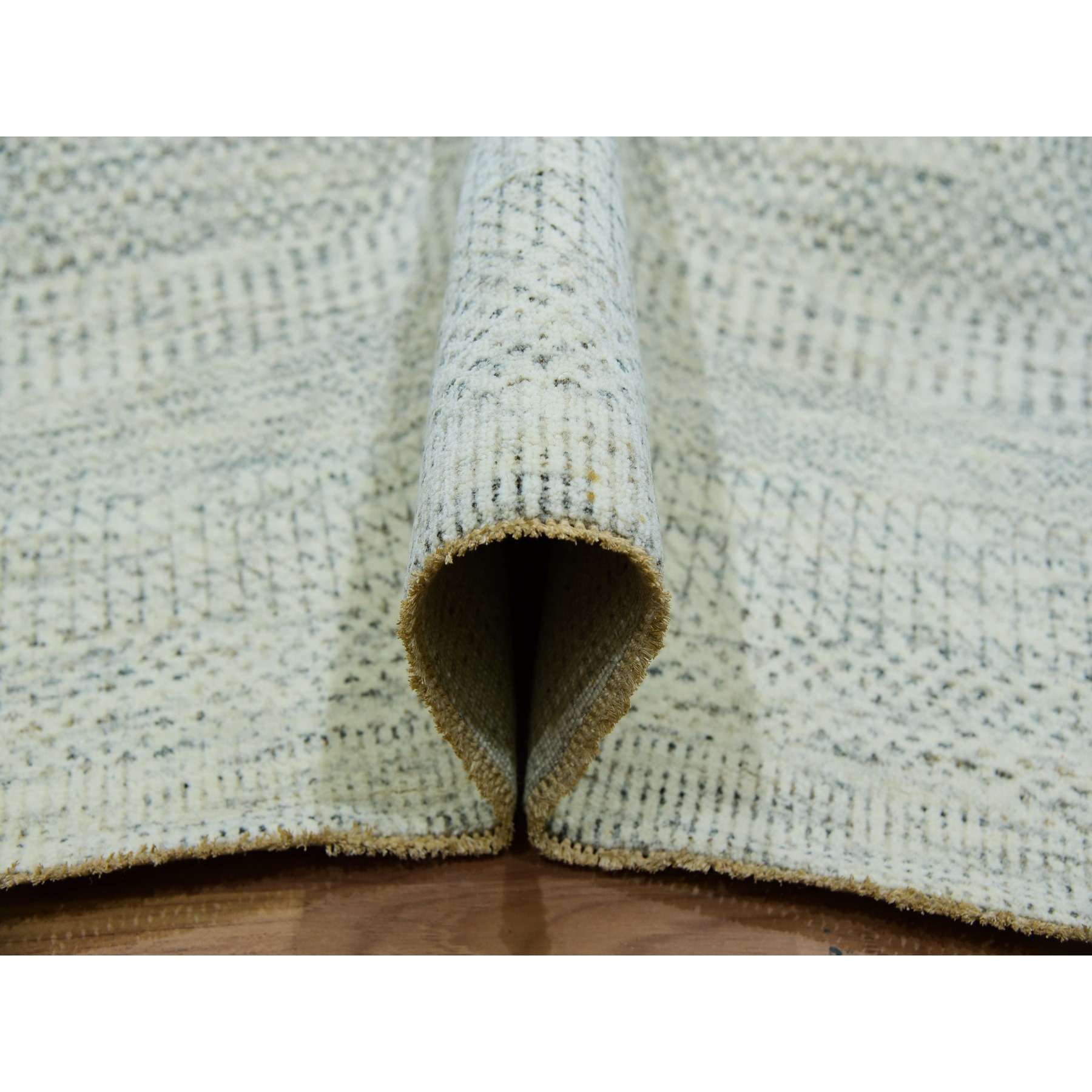 14'x14' Eggnog White, Borderless Modern Grass Design, Hand Knotted Organic Sustainable Textile, Pure Wool, Tone on Tone, Square Oriental Rug Sh79974
