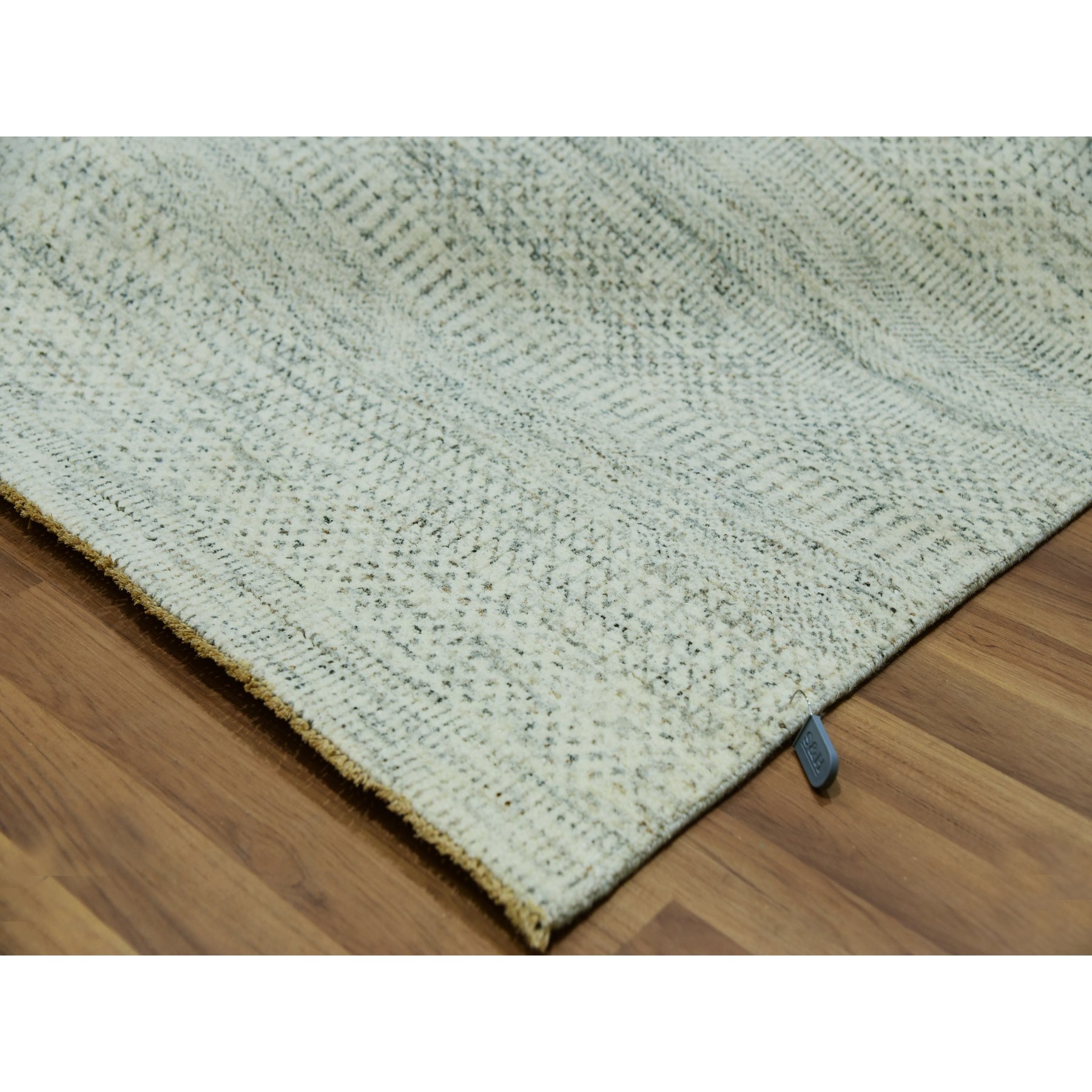 14'x14' Eggnog White, Borderless Modern Grass Design, Hand Knotted Organic Sustainable Textile, Pure Wool, Tone on Tone, Square Oriental Rug Sh79974