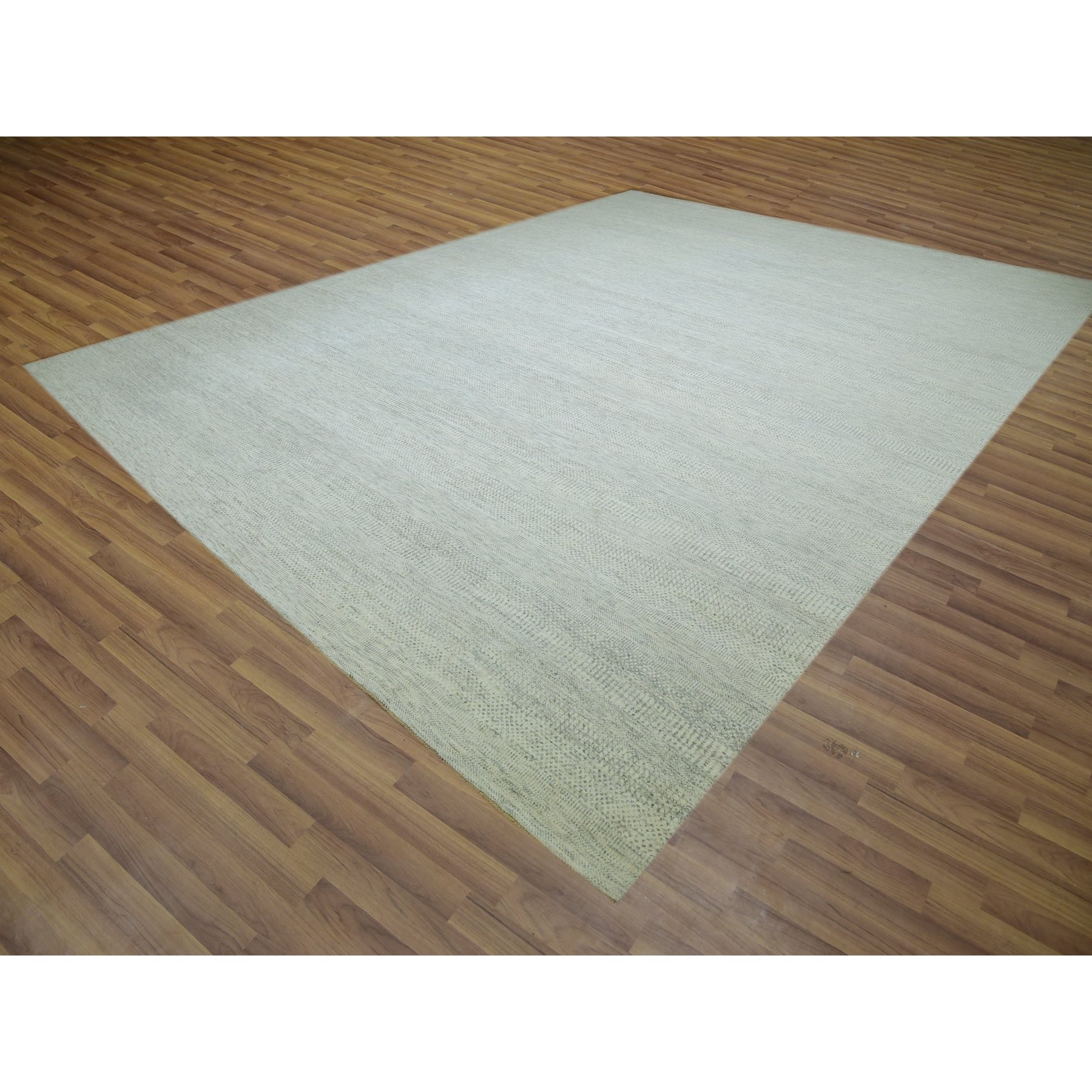 14'x18'1" Eider White, Hand Knotted Velvety Wool, Organic Sustainable Textile, Tone on Tone, Modern Grass Design, XL Oriental RugSh79980