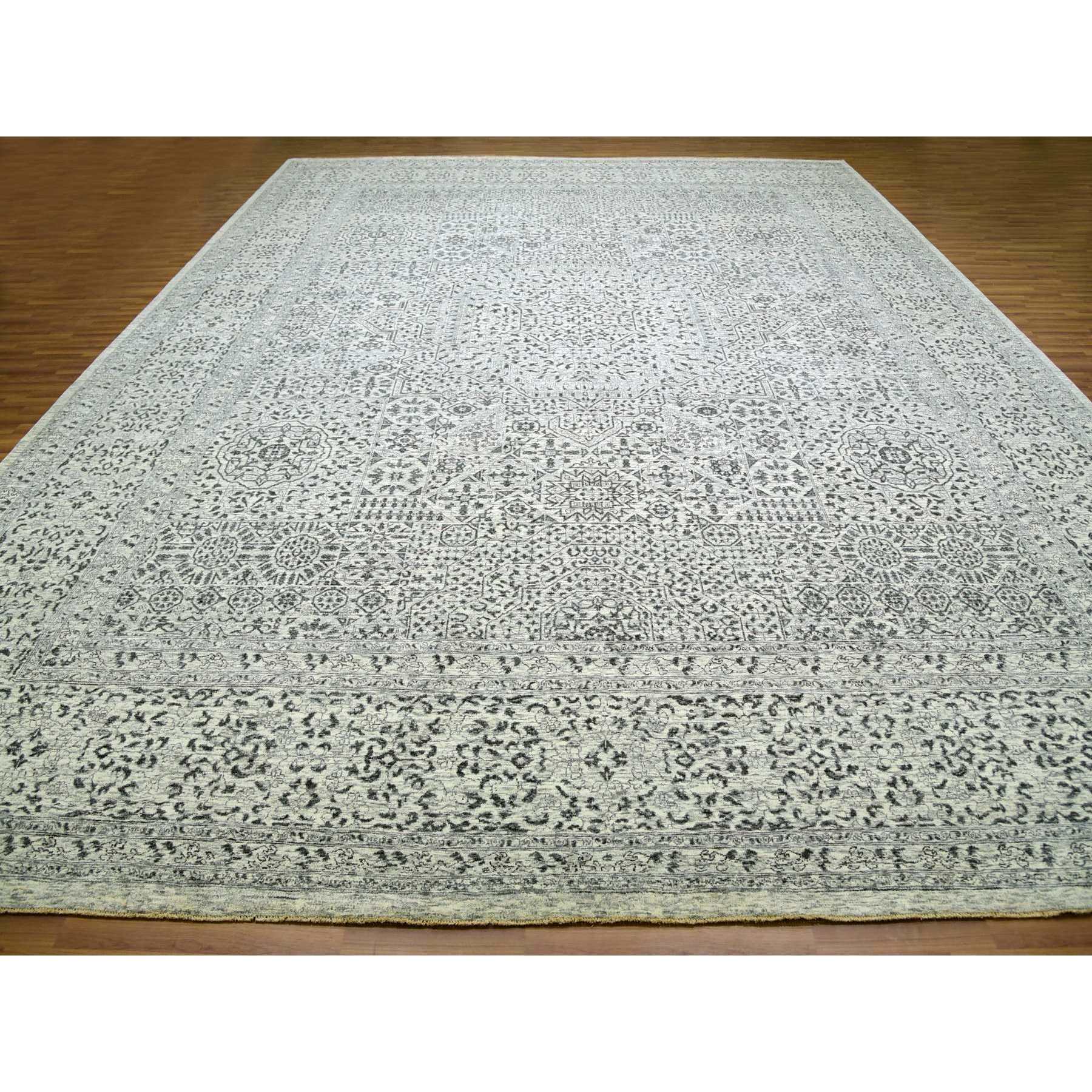 14'1"x17'9" Chantilly Lace White, Tone on Tone Design, Hand Knotted Mamluk Dynasty Luxurious Wool, Oversized Undyed Oriental Rug Sh79982