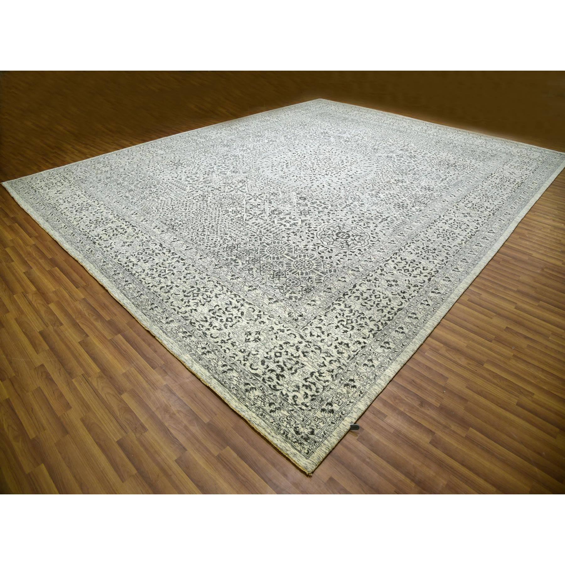 14'1"x17'9" Chantilly Lace White, Tone on Tone Design, Hand Knotted Mamluk Dynasty Luxurious Wool, Oversized Undyed Oriental Rug Sh79982