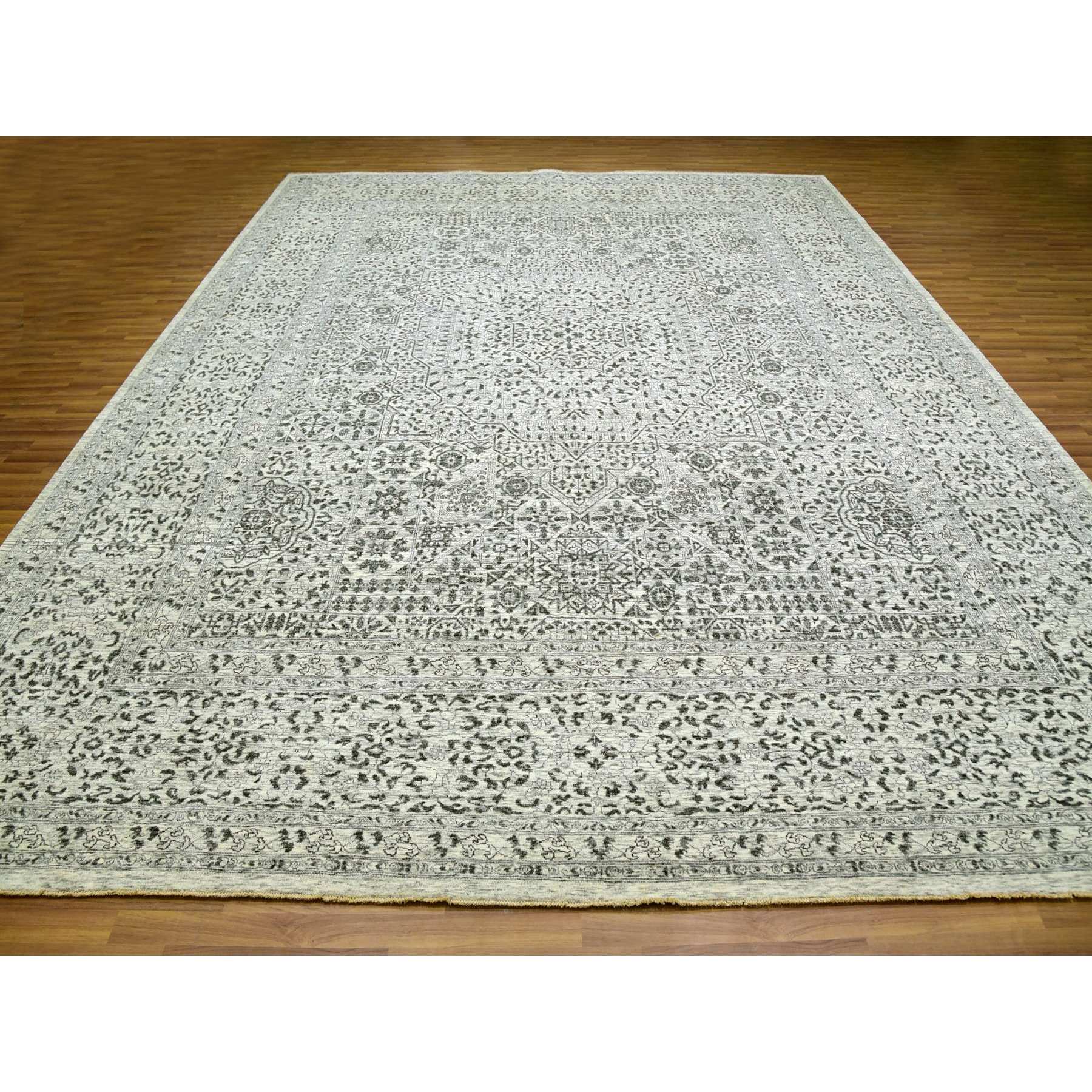 12'1"x15'4" Heron White, Mamluk Dynasty Design, Hand Knotted Undyed 100% Wool, Tone on Tone, Oversized Oriental Rug Sh79983