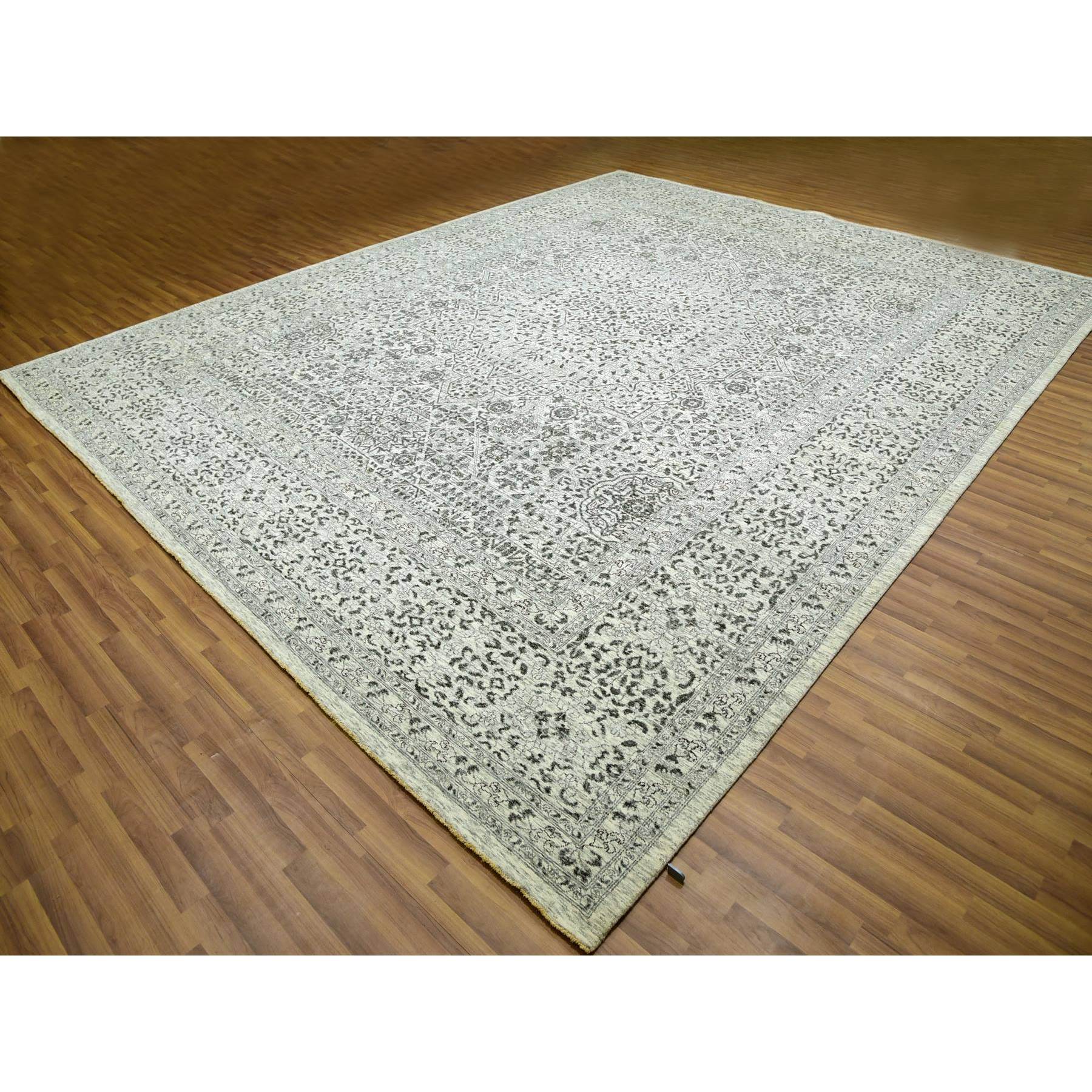 12'1"x15'4" Heron White, Mamluk Dynasty Design, Hand Knotted Undyed 100% Wool, Tone on Tone, Oversized Oriental Rug Sh79983