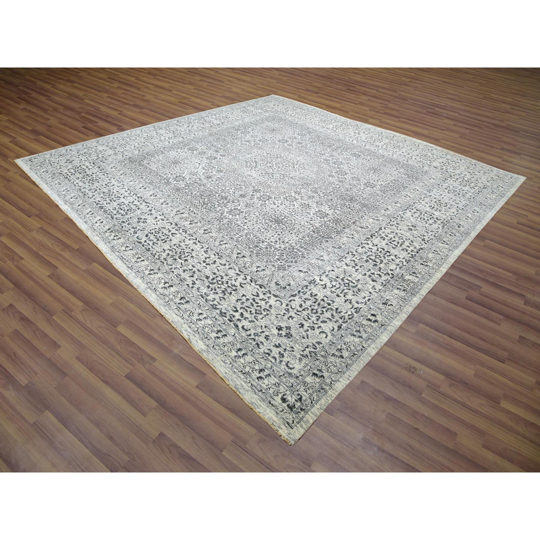 12'x12' Cloud White, Undyed Hand Knotted Soft and Vibrant Wool, Mamluk Dynasty, Tone on Tone Design, Square Oriental Rug Sh79984