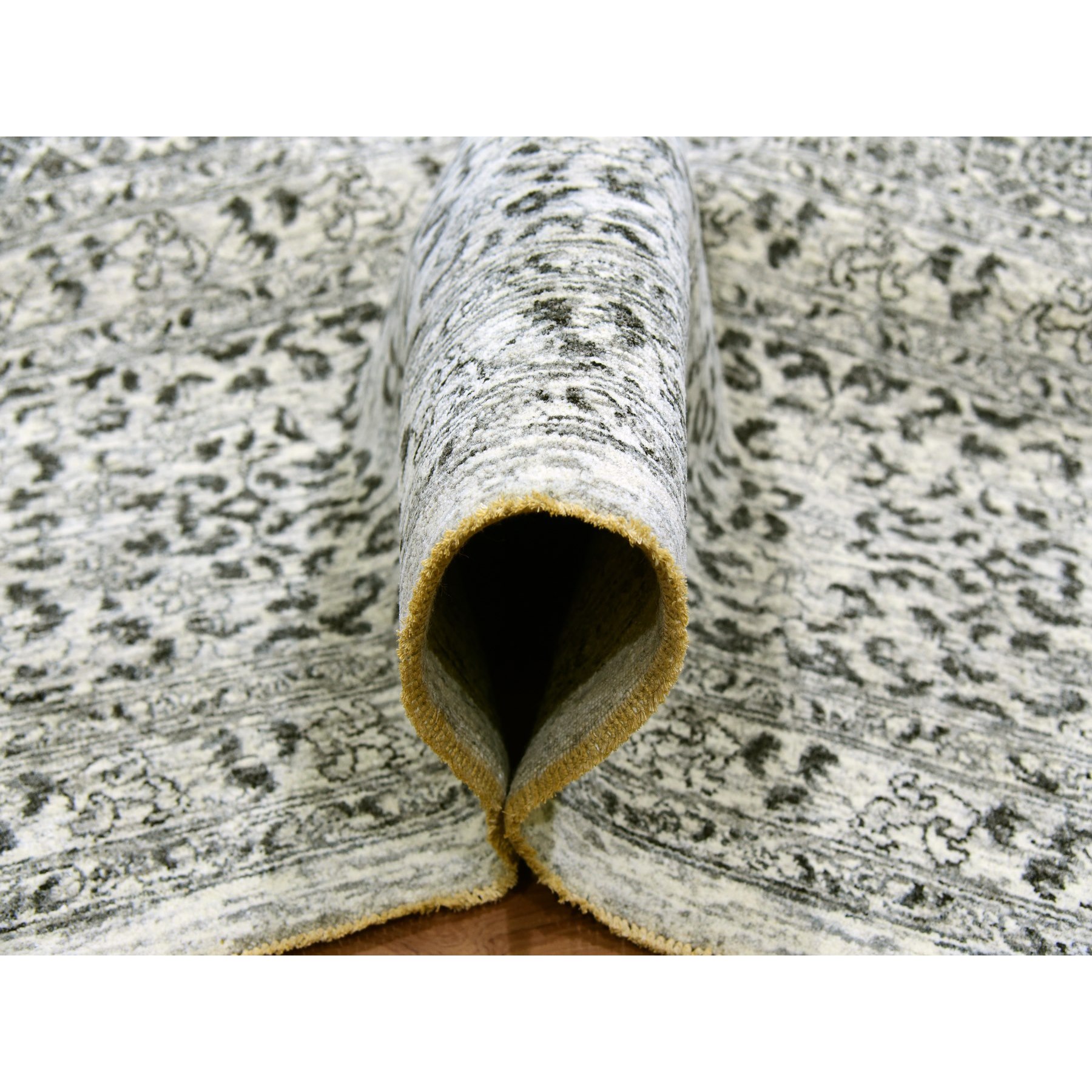 12'x12' Cloud White, Undyed Hand Knotted Soft and Vibrant Wool, Mamluk Dynasty, Tone on Tone Design, Square Oriental Rug Sh79984