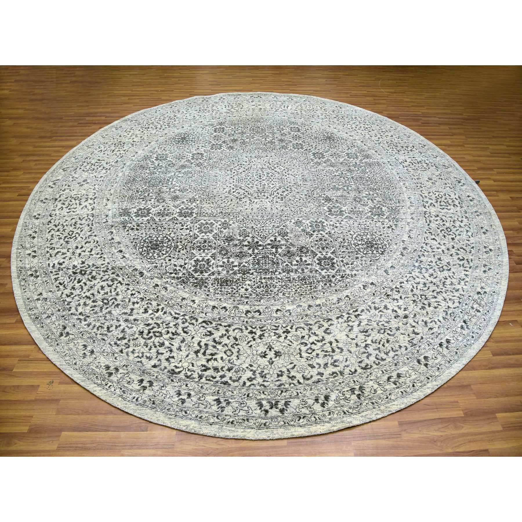12'x12' Decorators White, Tone on Tone, Hand Knotted Undyed Extra Soft Wool, Round Mamluk Dynasty Design, Oriental Rug Sh79985