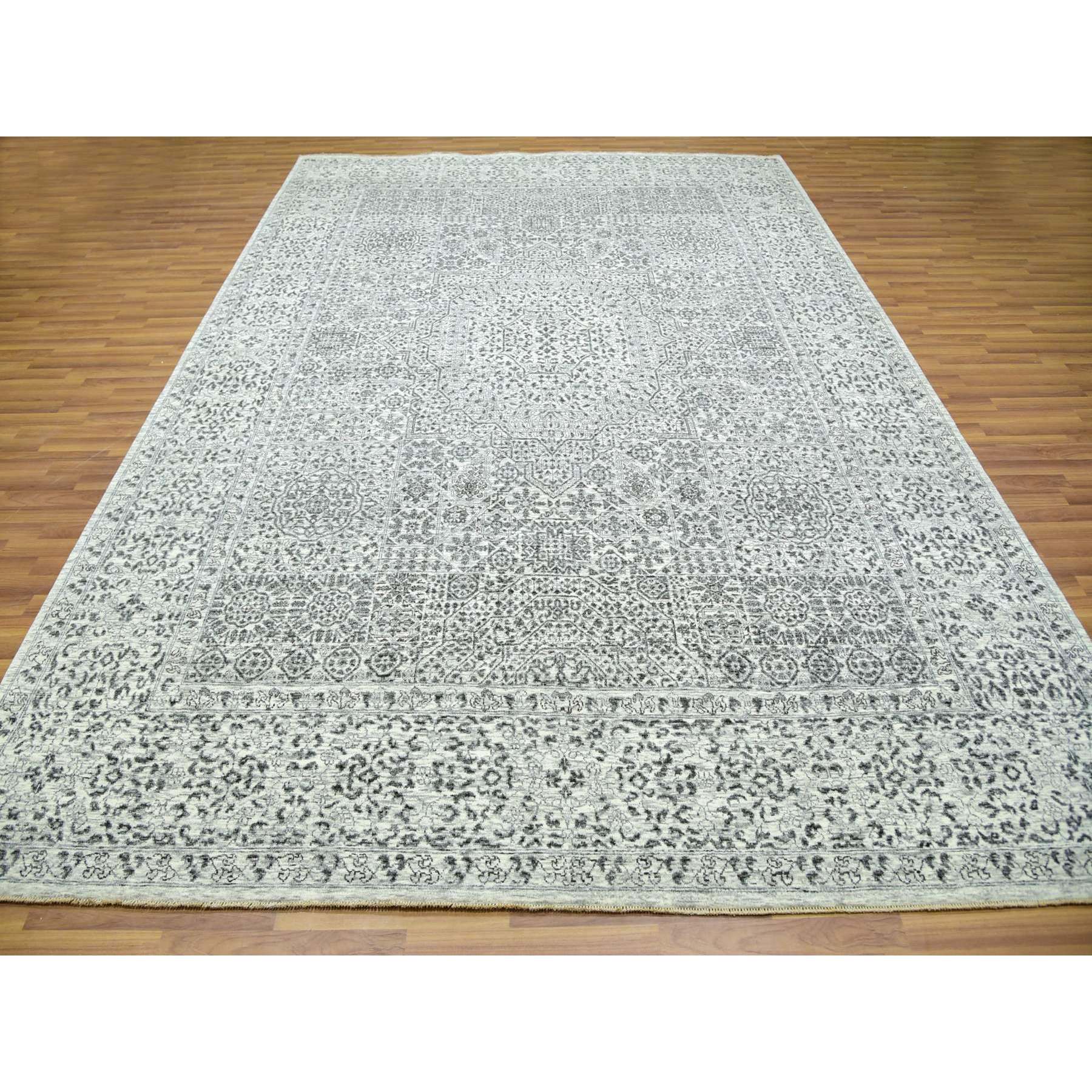 9'x12'2" Diamond White, Mamluk Dynasty Pattern, Tone on Tone, Undyed Vibrant Wool, Hand Knotted, Oriental Rug Sh79987