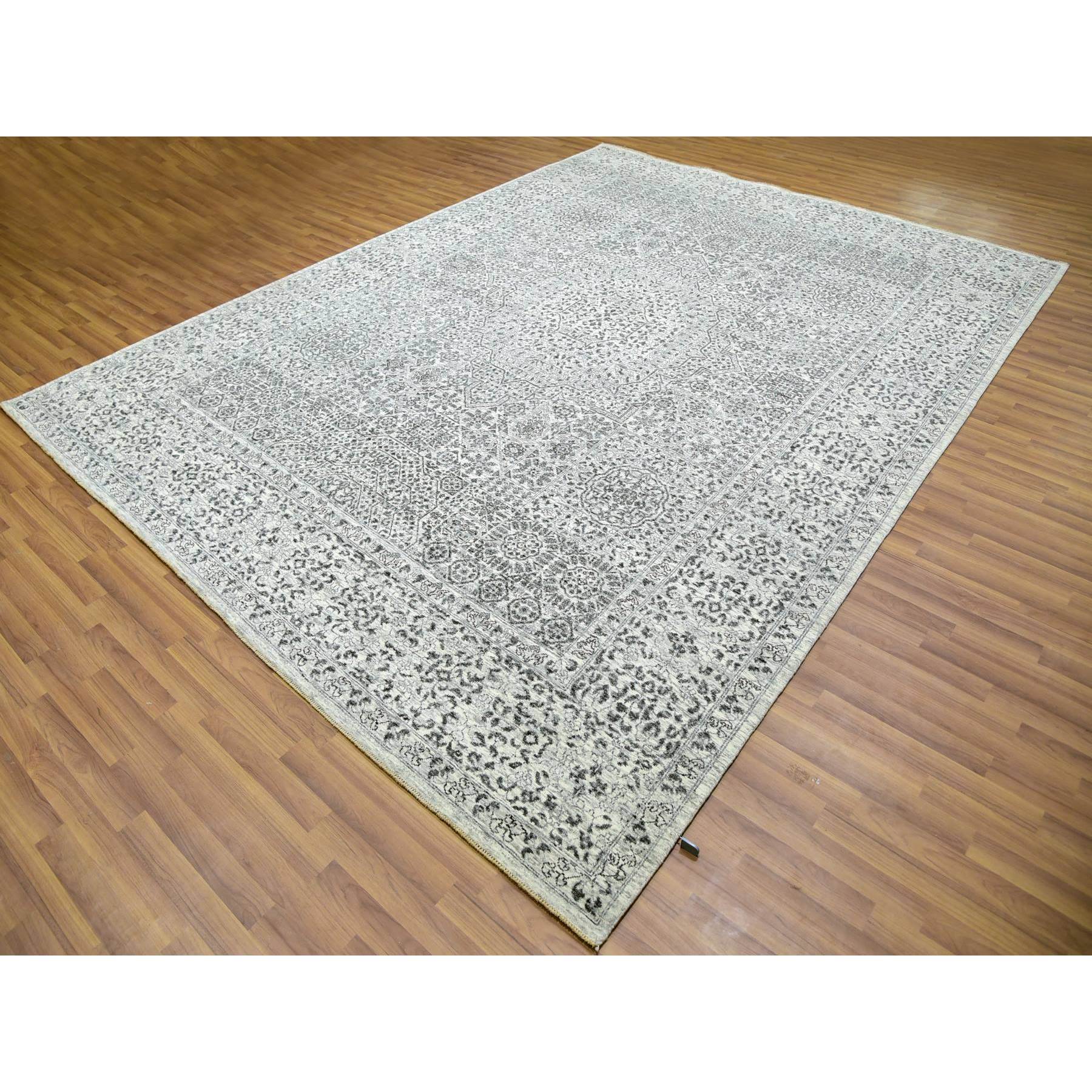 9'x12'2" Diamond White, Mamluk Dynasty Pattern, Tone on Tone, Undyed Vibrant Wool, Hand Knotted, Oriental Rug Sh79987