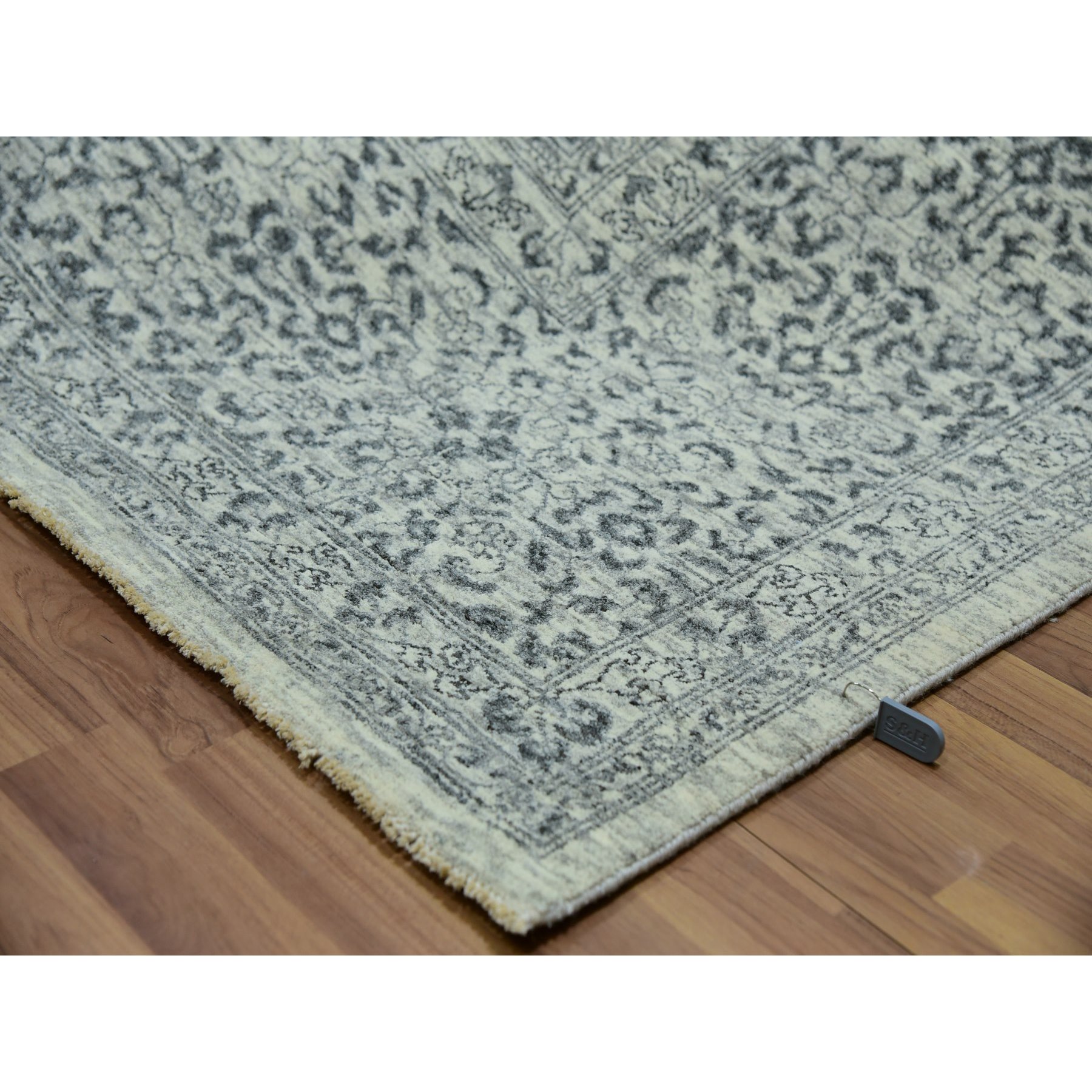 10'x10' Duck White and Rusty Gray, Hand Knotted Undyed Mamluk Dynasty Pattern, Tone on Tone, Shiny Wool, Oriental Square Rug Sh79988