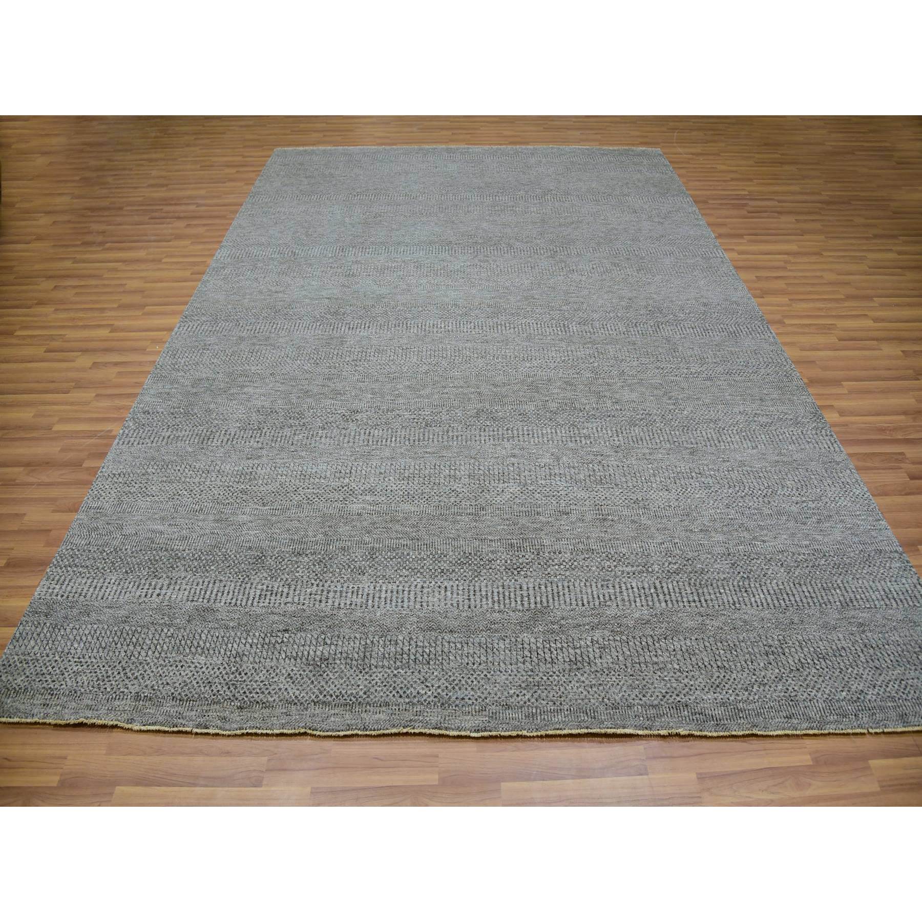 9'2"x12' Chrysler Gray, Tone on Tone, Hand Knotted Bohemian Modern Grass Design, Extra Soft Wool, Undyed Oriental Rug Sh79989