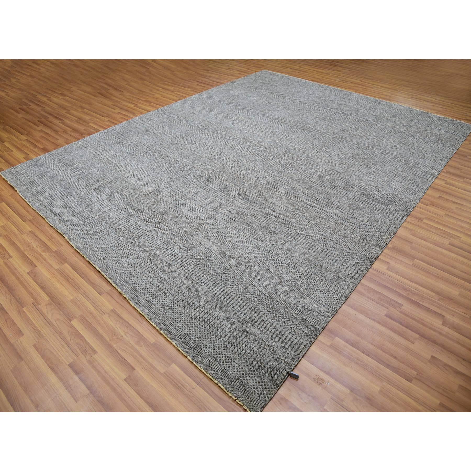 9'2"x12' Chrysler Gray, Tone on Tone, Hand Knotted Bohemian Modern Grass Design, Extra Soft Wool, Undyed Oriental Rug Sh79989