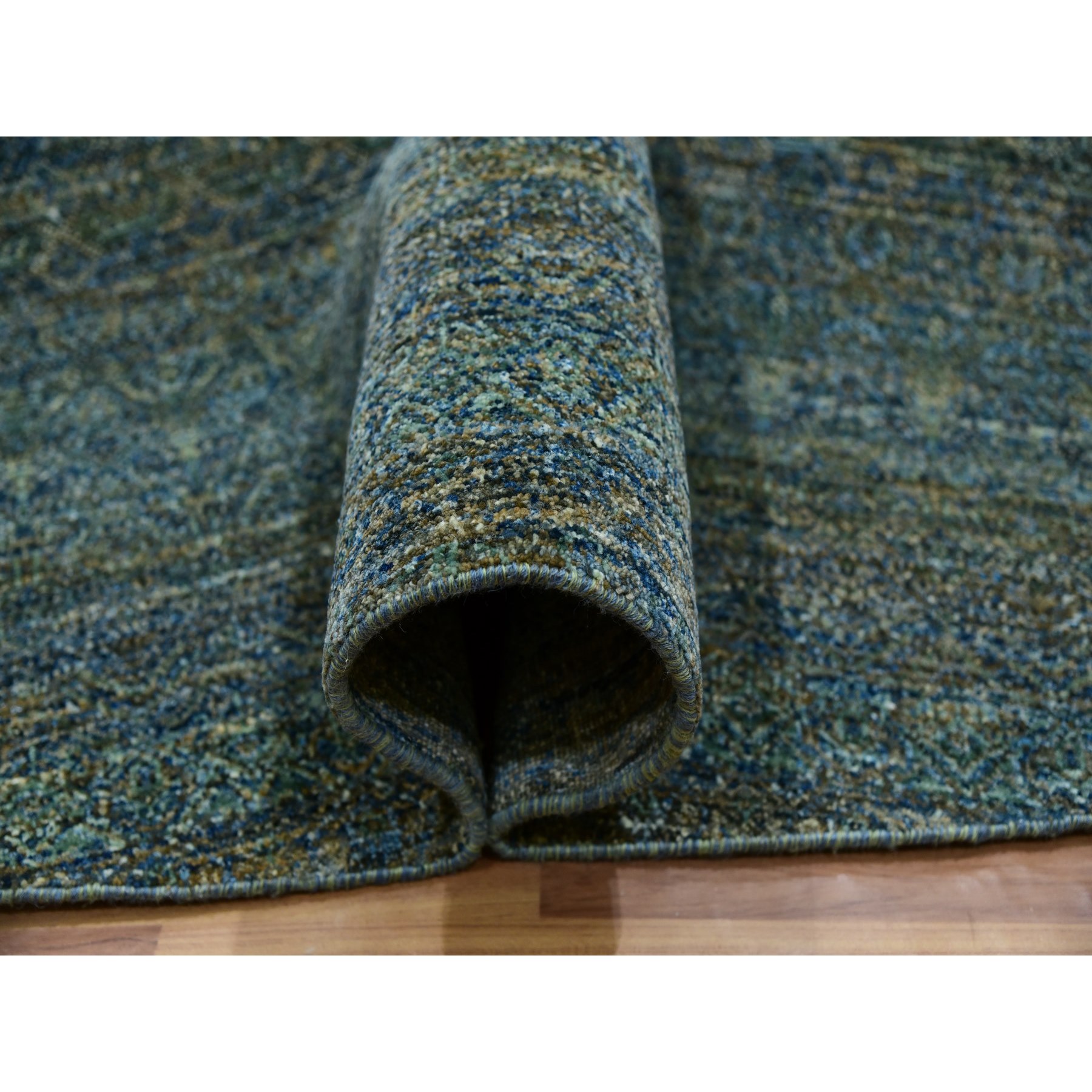 12'x12' Myrtle Green, Tone On Tone, Hand Knotted Plush Pile 100% Wool, Kohinoor Herat With Diamond Shaped Small Geometric Repetitive Design, Round Oriental Rug Sh79997