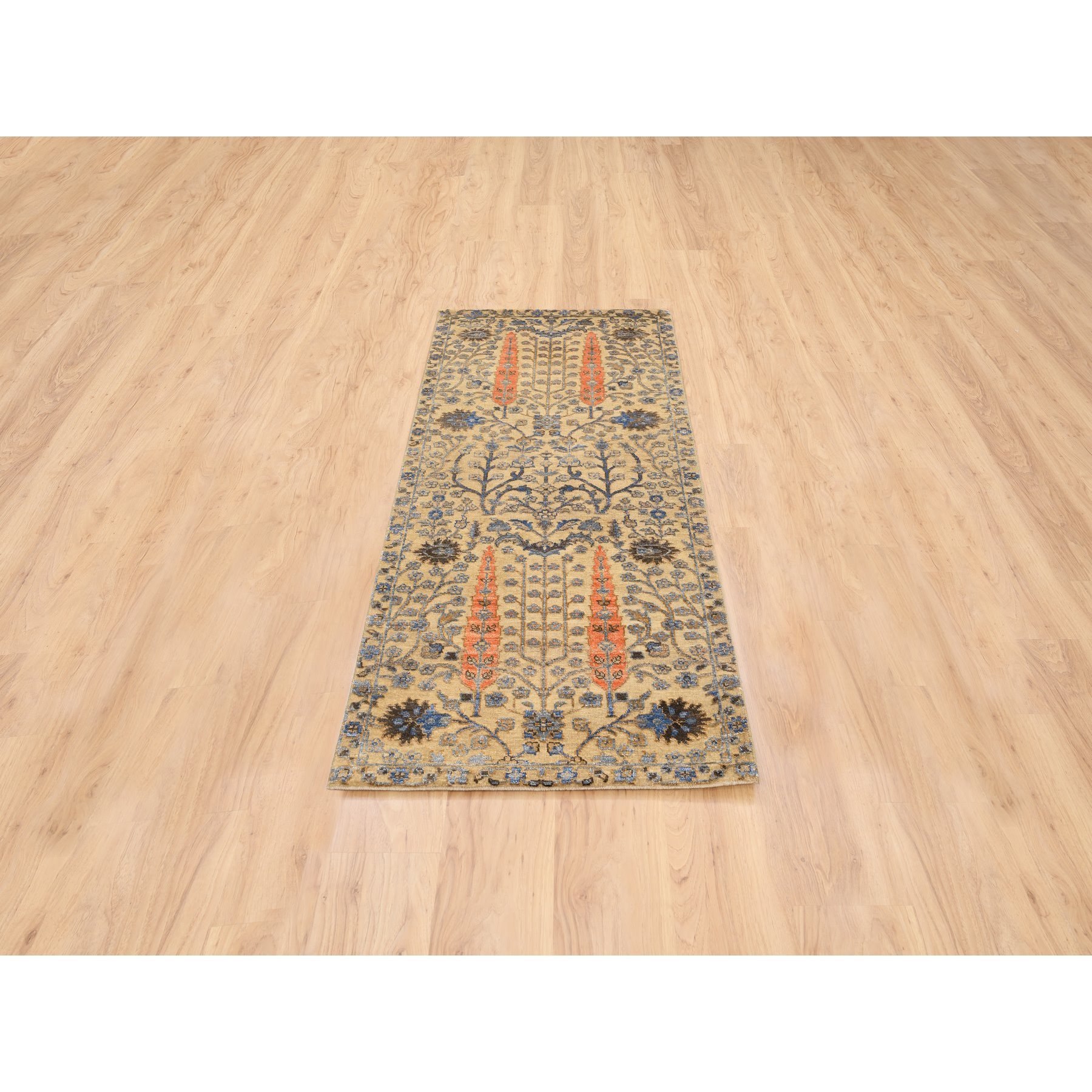 2'7"x6' Almond Brown, Silk With Textured Wool, Hand Knotted, Cypress Tree Design, Runner, Oriental Rug Sh80024
