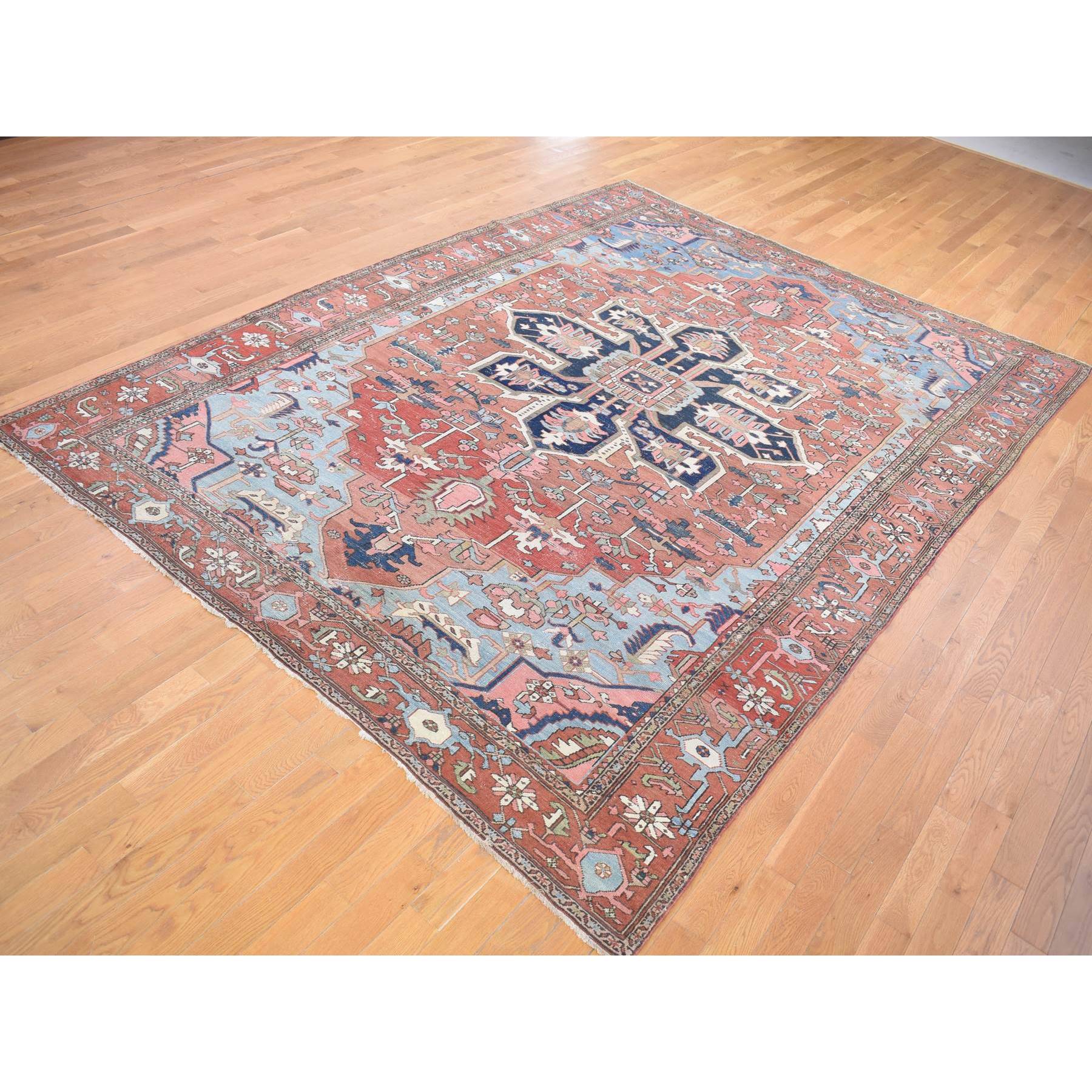 8'7"x12' Terracotta Red with Light Blue Corners, Antique Persian Serapi Heriz Abrash Flower Medallion, Clean Good Condition Evenly Worn Hand Knotted Pure Wool Oriental Rug Sh80052