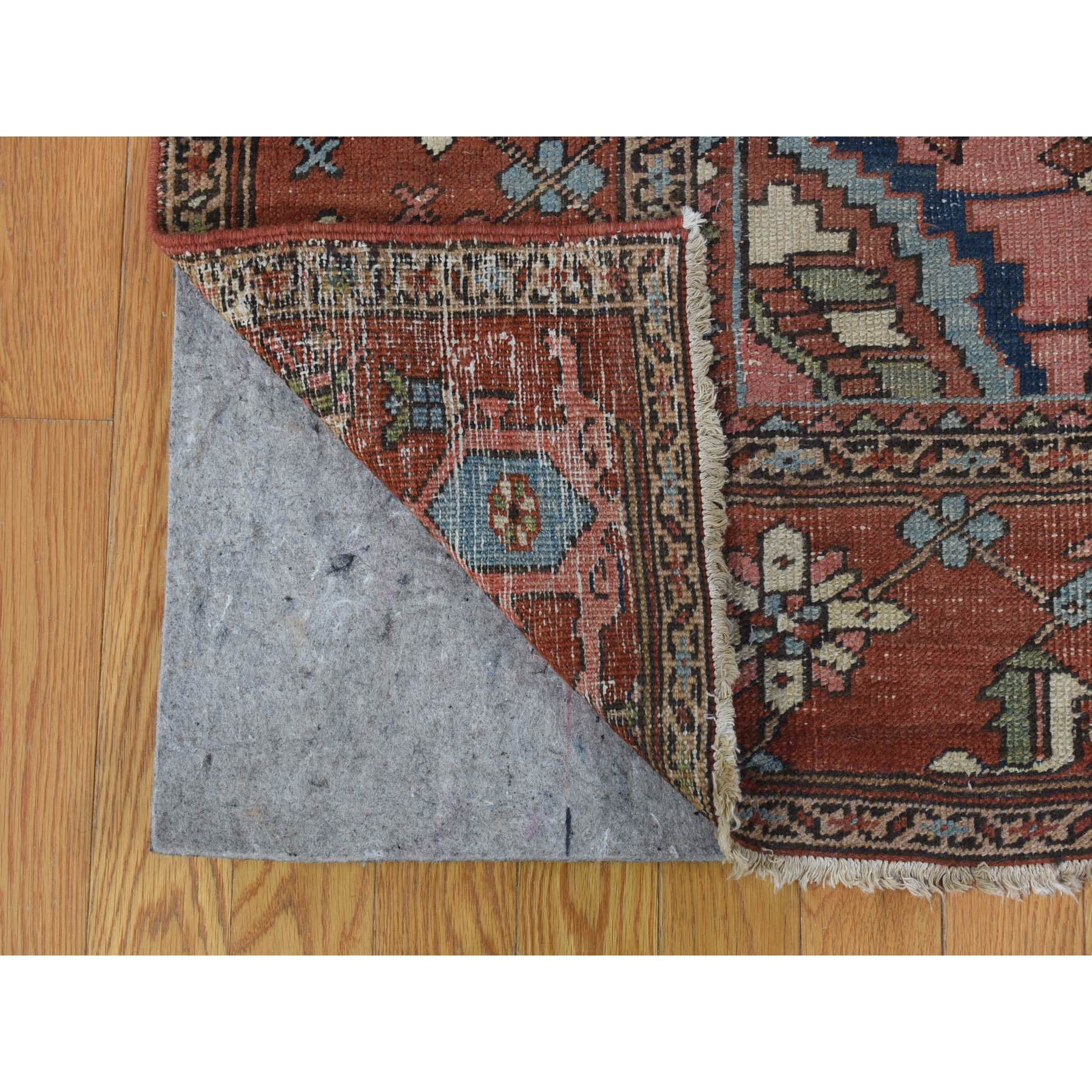 8'7"x12' Terracotta Red with Light Blue Corners, Antique Persian Serapi Heriz Abrash Flower Medallion, Clean Good Condition Evenly Worn Hand Knotted Pure Wool Oriental Rug Sh80052